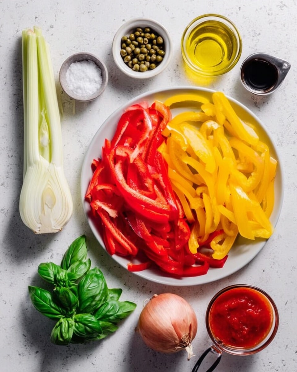 The image shows a white plate filled with two layers of sliced bell peppers, with bright red slices on the left and yellow slices on the right, placed on a white marbled surface. To the left of the plate, there are two stalks of fennel positioned vertically with their bulb ends facing down. Above them is a small white bowl filled with green capers. Below the capers, there is a whole brown onion, followed by two pinkish garlic cloves next to it. Below the garlic cloves, a small bunch of fresh green basil leaves is arranged neatly. To the right of the basil and garlic, there is a small glass container filled with yellow oil. Next to the oil, there is a black measuring cup filled with red tomato sauce and a silver measuring cup with a dark liquid, likely vinegar or soy sauce. At the top left corner, there is a small clear bowl filled with white salt. The whole setup lies on the white marbled surface, and soft natural light highlights the fresh ingredients. Photo taken with an iphone --ar 4:5 --v 7