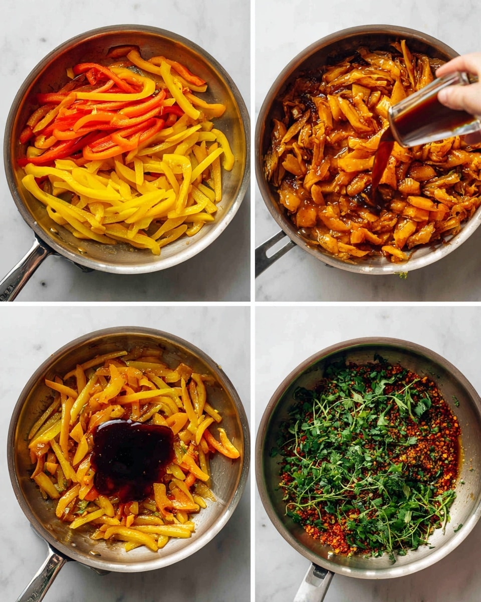 The image shows four steps of cooking a dish in a silver pan on a white marbled surface. The first step has sliced yellow and red bell peppers over raw, thin orange strips resembling meat or tofu layered in the pan. The second step shows the same ingredients but cooked and mixed together, with a warmer orange color and some juice visible. In the third step, a woman's hand is pouring a dark brown sauce over the cooked mixture in the pan. The last step presents the finished dish garnished with fresh green herbs on top, giving a colorful and textured appearance. photo taken with an iphone --ar 4:5 --v 7