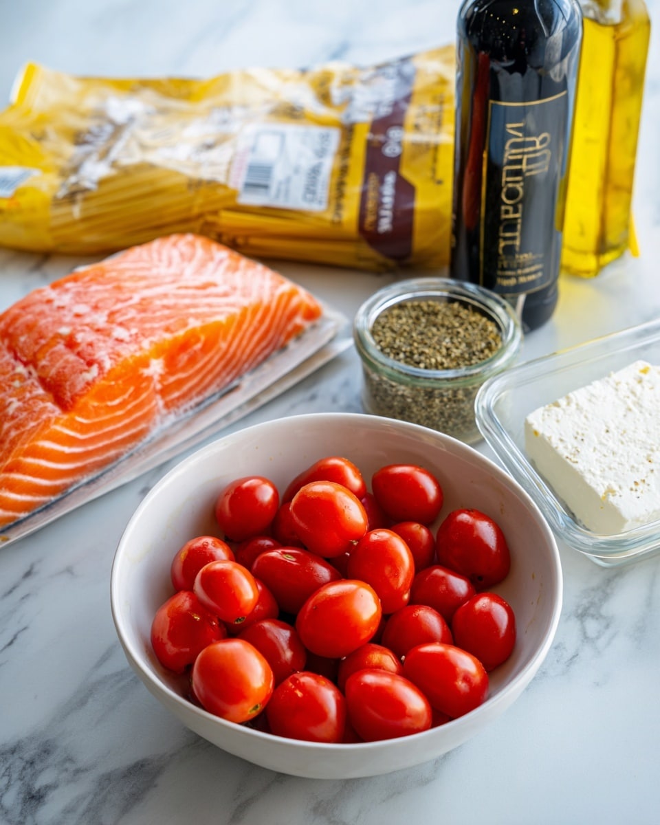 A white bowl filled with bright red cherry tomatoes sits on a white marbled surface, positioned near a clear plastic tray holding a piece of fresh, orange salmon with natural white lines from Norway. Next to them is a black bottle containing golden olive oil, and a block of white feta cheese in a transparent container. Behind these items, an unopened yellow pasta bag is visible. A small jar of green seasoning labeled Za'atar is near the tomatoes, all arranged neatly on the surface. photo taken with an iphone --ar 4:5 --v 7