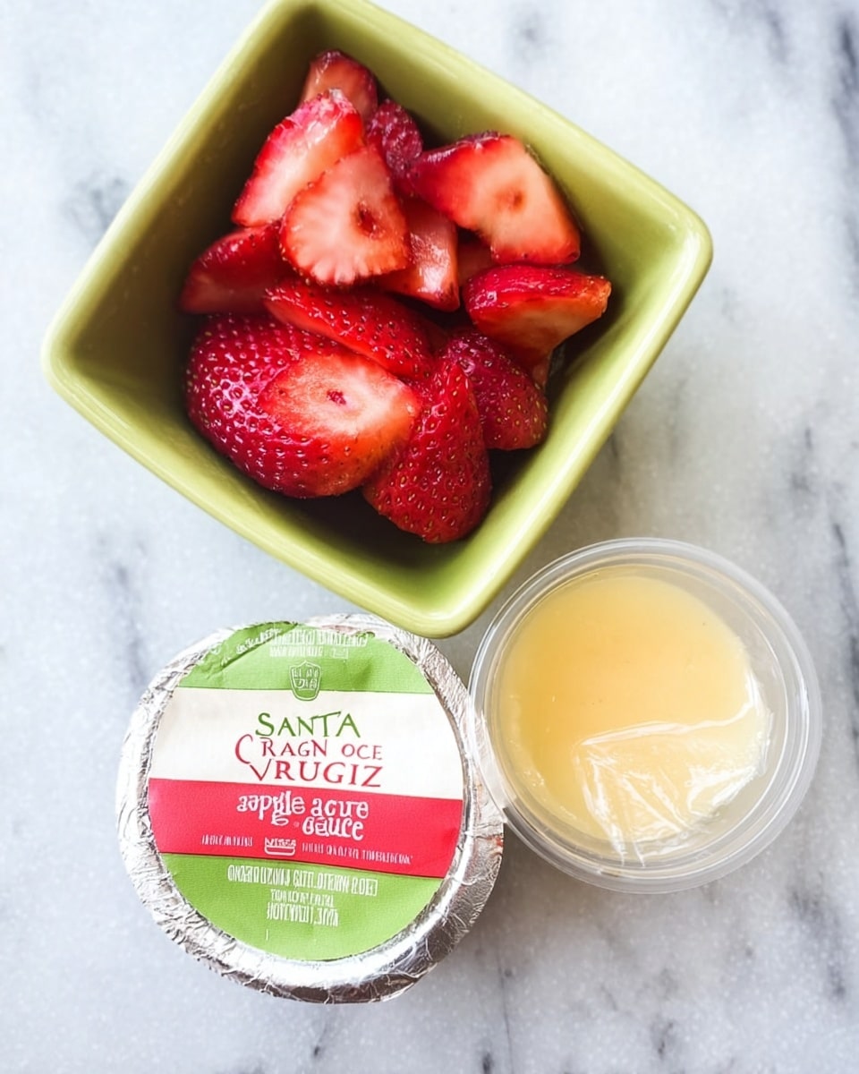A small green square bowl filled with bright red strawberry halves showing the seeds and juicy texture, placed on a white marbled surface. Next to the bowl, there is a small clear plastic cup filled with smooth light yellow apple sauce, slightly opened. Below it lies a silver foil apple sauce cup lid with green and red text reading