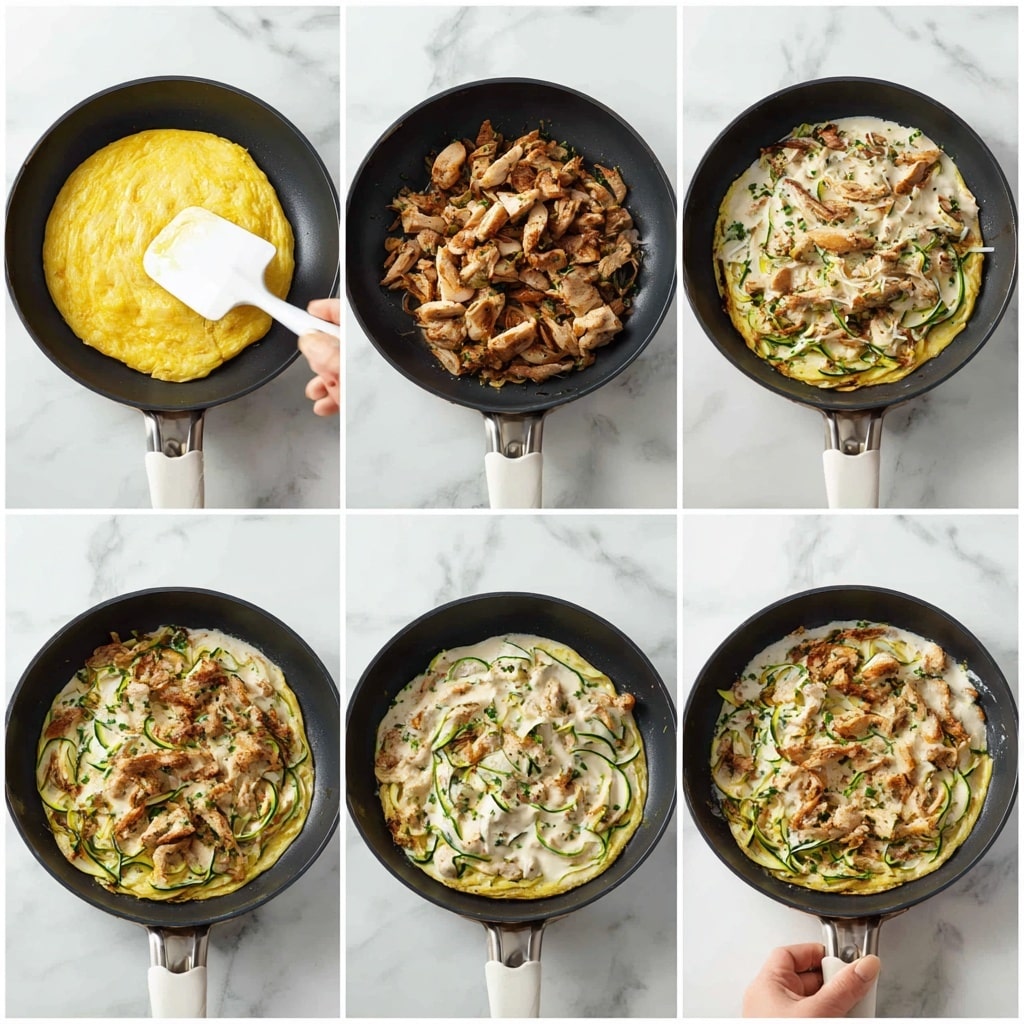 The image shows six steps of making a layered dish in a black pan on a white marbled surface. The first step has a cooked yellow omelette being lifted by a white spatula. The second step shows pieces of cooked brown chicken spread evenly in the pan. The third step has sliced light green zucchini added over the chicken. The fourth step shows a layer of creamy white sauce spread on top with more zucchini and chicken pieces scattered. The fifth step has all ingredients mixed together, creating a textured, colorful mix of yellow, brown, and green. The last step shows a woman's hand holding the handle of the pan, ready to serve the cooked layered dish. photo taken with an iphone --ar 4:5 --v 7