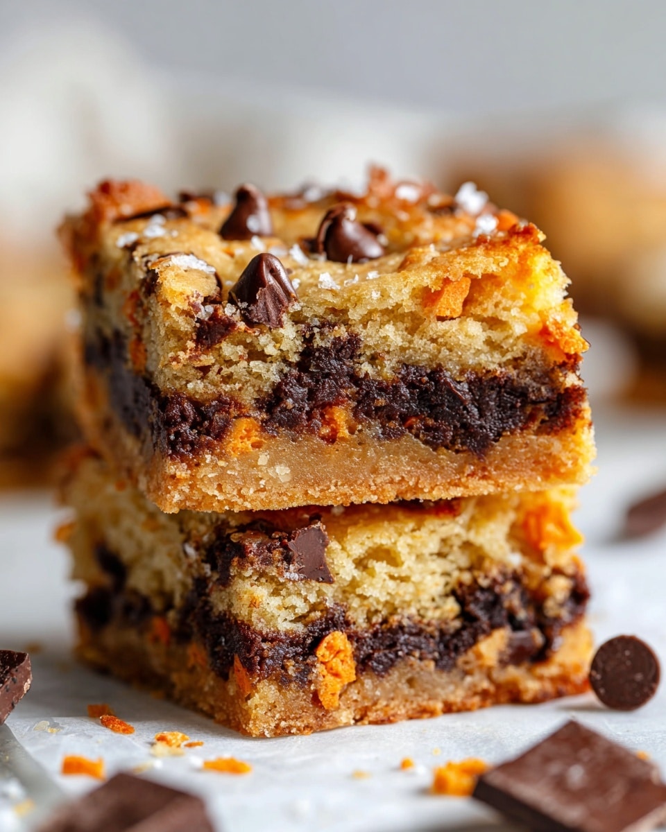 A clear glass bowl sits on a white marbled surface, filled with a smooth, thick, light brown batter spread evenly at the bottom. On top of the batter, there are two separate piles of small candy pieces: one pile is dark brown chocolate chips clustering closely together, and next to it is a mix of small round candies in bright orange, yellow, and a few dark brown colors. To the upper right of the bowl rests a spatula with a black silicone head and a wooden handle. Photo taken with an iphone --ar 4:5 --v 7