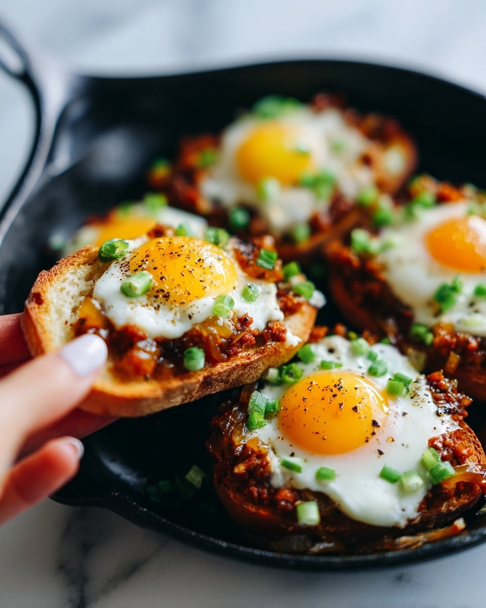 A close-up of a black skillet holding a dish with three cooked eggs on top, each having bright white edges and slightly runny yellow yolks in the center, sprinkled with small green onion pieces and black pepper. Underneath, visible in spots, are reddish-brown cooked onions and minced meat, creating a textured base layer. A woman's hand is holding a piece of light brown toasted bread scooping up one of the egg pieces that is topped with caramelized onions. The background has a soft white marbled surface. Photo taken with an iphone --ar 4:5 --v 7