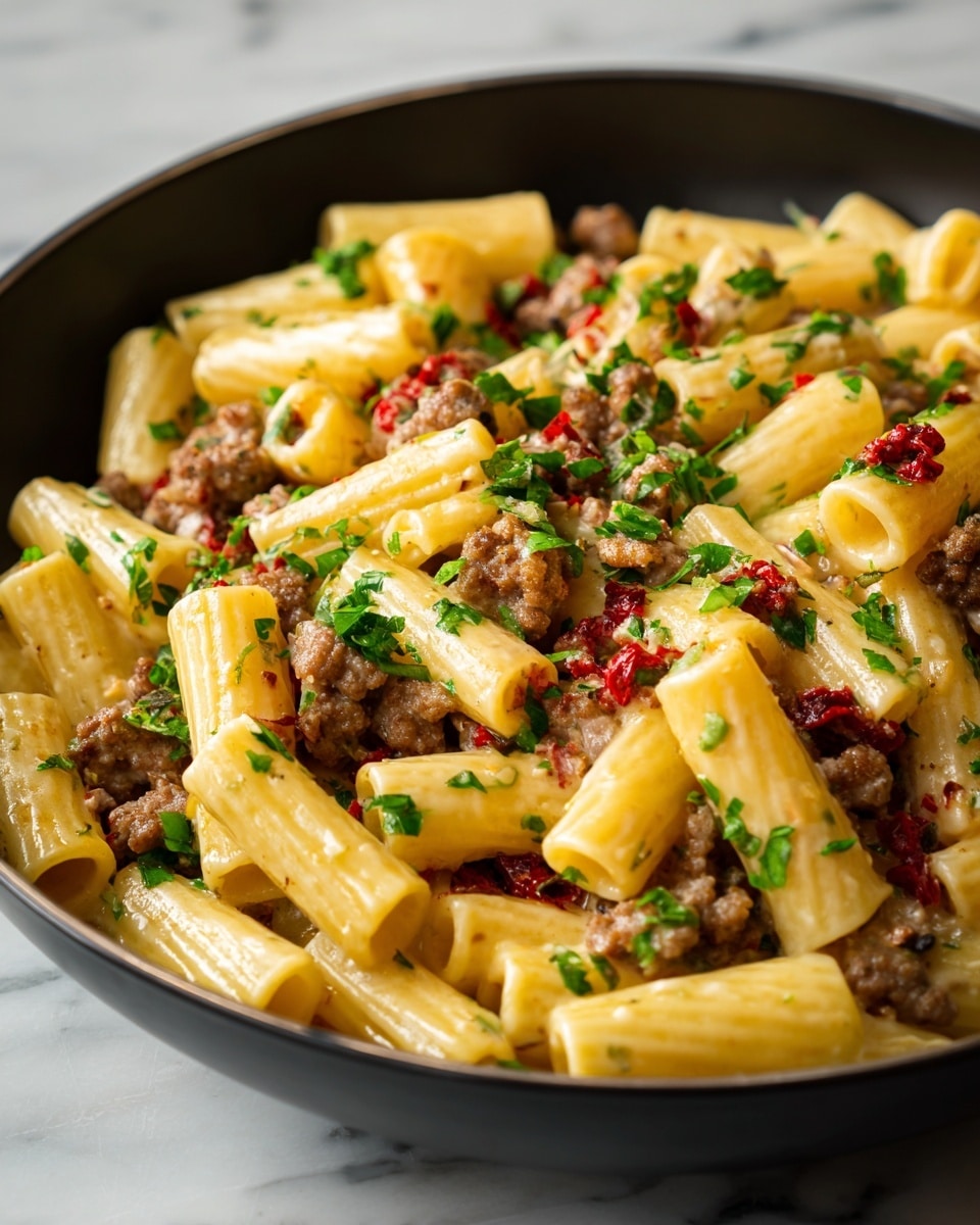 The image shows a close-up of a white bowl filled with rigatoni pasta coated in a creamy, light orange sauce. Mixed in are browned, round sausage pieces with a slightly crispy texture on the edges, scattered evenly throughout the dish. Small green spinach leaves are spread among the rigatoni and sausage, adding a touch of color contrast. The sauce has a smooth, thick consistency that clings to the pasta and sausage, pooling slightly at the bottom of the bowl. The background features a white marbled surface. Photo taken with an iphone --ar 4:5 --v 7