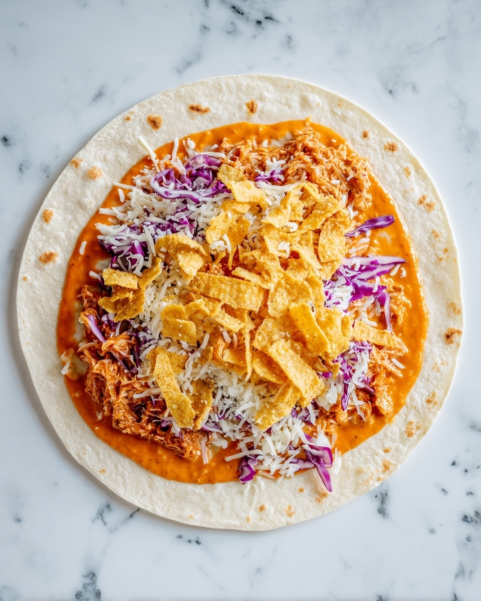 The image shows ingredients for making tacos arranged neatly on a white marbled surface. There is a white plate at the top left with raw chicken strips that are pale pink and smooth. Next to the plate are two whole dark green avocados and a glass with a light-colored sauce or dressing. A white bowl on the top right is filled with golden tortilla chips that look crisp and crunchy. In the center, a white plate holds different spices in small piles of red, white, black, and brown powders, arranged in a circular pattern. Near the bottom left, there are several round, pale yellow tortillas stacked together. Beside them is a small bowl filled with shredded white cheese. At the bottom right, a white cutting board holds layers of shredded purple cabbage, green cilantro leaves, finely shredded pale green cabbage, and thinly sliced light purple onions. The whole scene is bright and clear, showing fresh and colorful taco ingredients, photo taken with an iphone --ar 4:5 --v 7