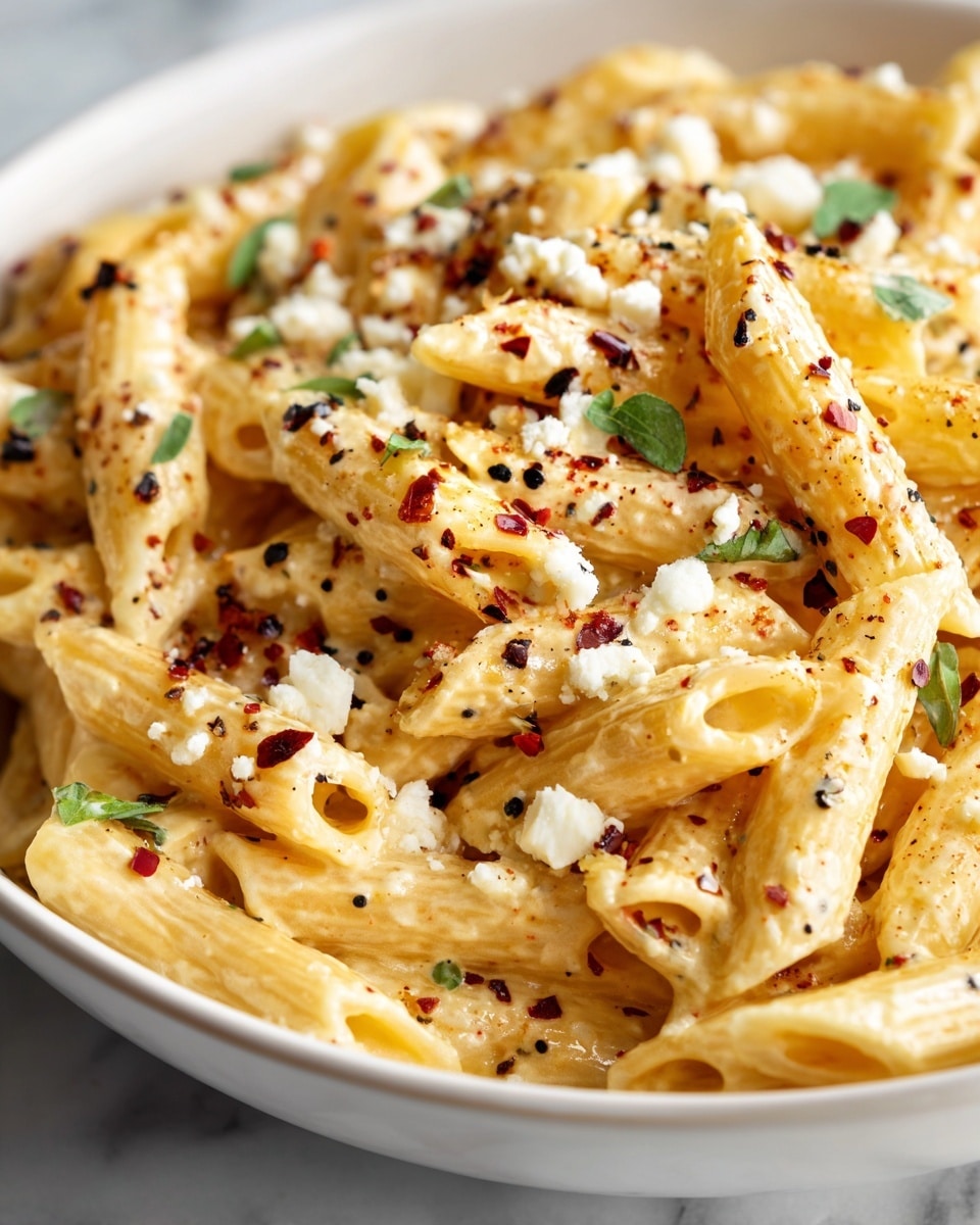 A white plate holds a serving of creamy penne pasta, with around two layers of pasta pieces covered in a smooth, pale creamy sauce. The penne is sprinkled with finely chopped green herbs and some small red chili flakes scattered on top. There is a light dusting of grated cheese and black pepper spread evenly across the dish. The plate is placed on a white marbled surface. Photo taken with an iphone --ar 4:5 --v 7