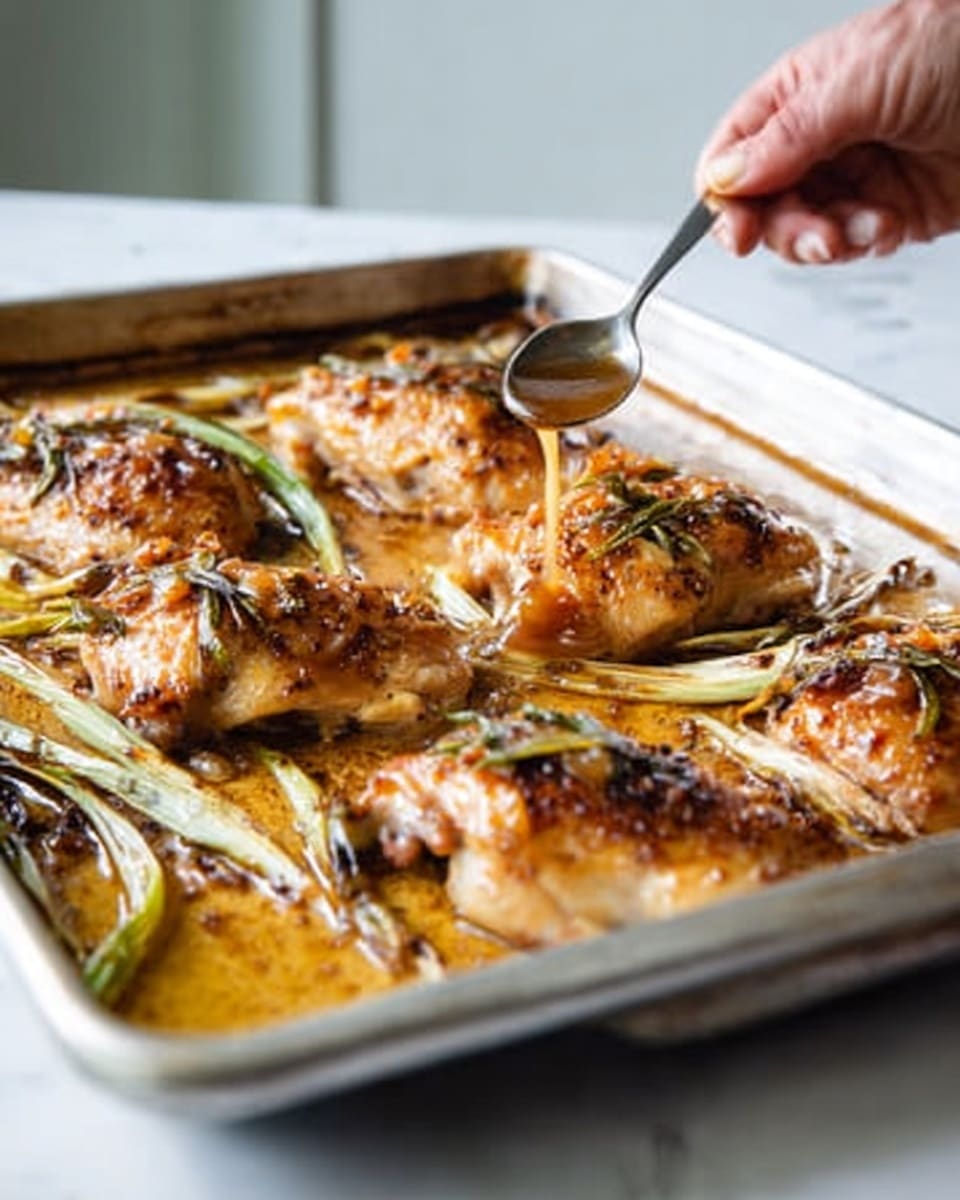 The image shows a silver baking tray filled with several cooked pieces of golden brown chicken topped with sprigs of green herbs and browned green onions lying on top. The chicken pieces sit in a rich, light brown sauce with bubbly, caramelized bits around the edges. A woman's hand holding a spoon is drizzling sauce over one piece of chicken from the left side of the frame. The tray is set on a white marbled surface, with soft natural light brightening the scene. photo taken with an iphone --ar 4:5 --v 7