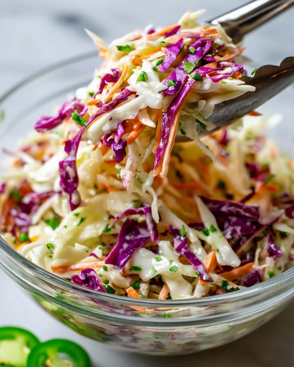 The image shows a close-up of creamy coleslaw with thin layers of purple cabbage, light orange carrots, and pale cabbage mixed with chopped green herbs. The coleslaw is being lifted by metal tongs, with the focus on the colorful mix of finely shredded vegetables. In the lower part of the picture, bright green slices of jalapeño peppers rest on the white marbled surface beneath the clear bowl holding the salad. The colors are fresh and vibrant, with the creamy texture holding the shredded vegetables together, photo taken with an iphone --ar 4:5 --v 7