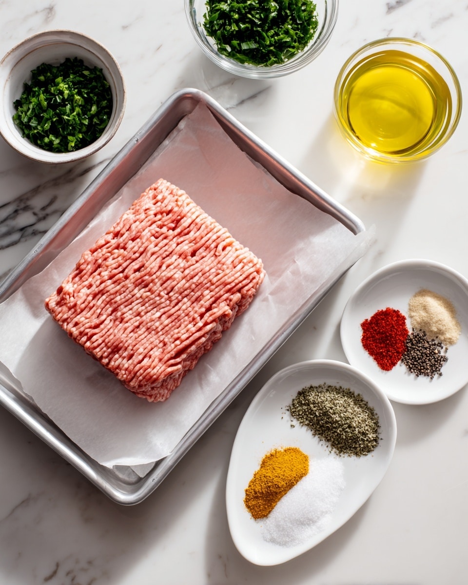 The image shows a block of light pink ground meat with visible ribbed texture, placed on white parchment paper inside a metal tray, positioned near the center on a white marbled surface. In the top left is a small bowl filled with dark green chopped leafy vegetables, next to a small clear glass cup containing yellow oil. At the bottom right, there is a white plate holding five different spices arranged in small piles: dark green, bright red, pale yellow, off-white, and brownish-green. Below that, a small white dish contains coarse black pepper and white salt side by side. All items are neatly arranged and brightly lit, with soft shadows. Photo taken with an iphone --ar 4:5 --v 7