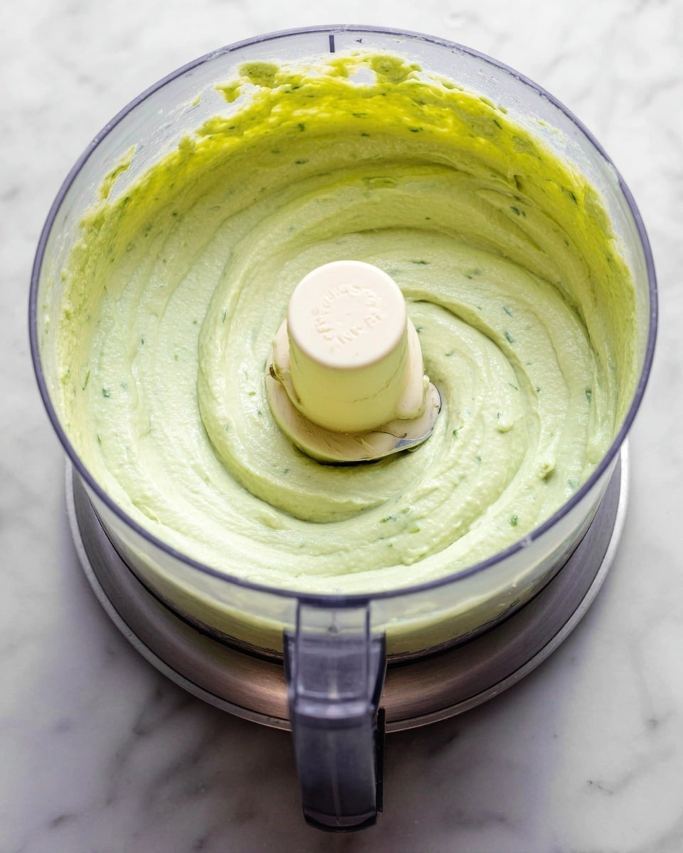 The image shows a food processor filled with a thick, creamy mixture in light green color, almost filling the bowl. The mixture has a smooth texture with small visible green flecks. The food processor blade is covered slightly in the same green mixture in the center, with swirled patterns around it. The clear bowl sits on a metallic base against a white marbled background. Photo taken with an iphone --ar 4:5 --v 7