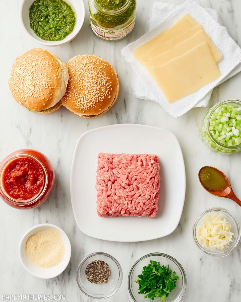 A white plate holds a square of raw ground meat with a pink color and a slightly moist texture. Near the plate, there are two sesame seed burger buns, golden brown on top. A small white bowl contains chopped green herbs, while another white bowl has a mix of green diced vegetables. Other small glass bowls hold a light yellow powder, a pale grated cheese, and a mixture of black and green seasonings. Nearby, several slices of pale yellow cheese rest on a white napkin, along with a small wooden spoon with a bit of mustard. A jar of green basil pesto and a jar of red marinara sauce sit on the white marbled surface around the ingredients. Photo taken with an iphone --ar 4:5 --v 7