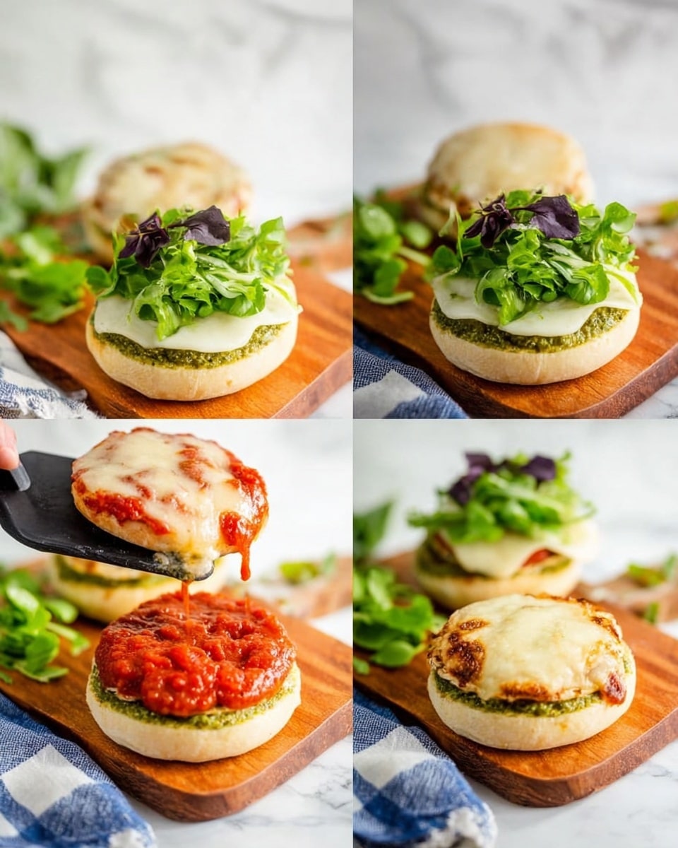 The image shows four small sandwiches on a wooden board over a white marbled surface with a blue and white cloth beneath it. Each sandwich has two layers: the bottom layer is a pale bun with a green pesto spread, or a leafy green base, and the top layer is a melted white cheese slice with some topped with red tomato sauce. The leafy greens are fresh and bright green with some purple leaves on top. A woman's hand is holding a black spatula lifting one sandwich, highlighting the melted cheese. In one frame, red tomato sauce is being poured over a sandwich covered with melted cheese and greens, emphasizing the textures and colors. Photo taken with an iphone --ar 4:5 --v 7