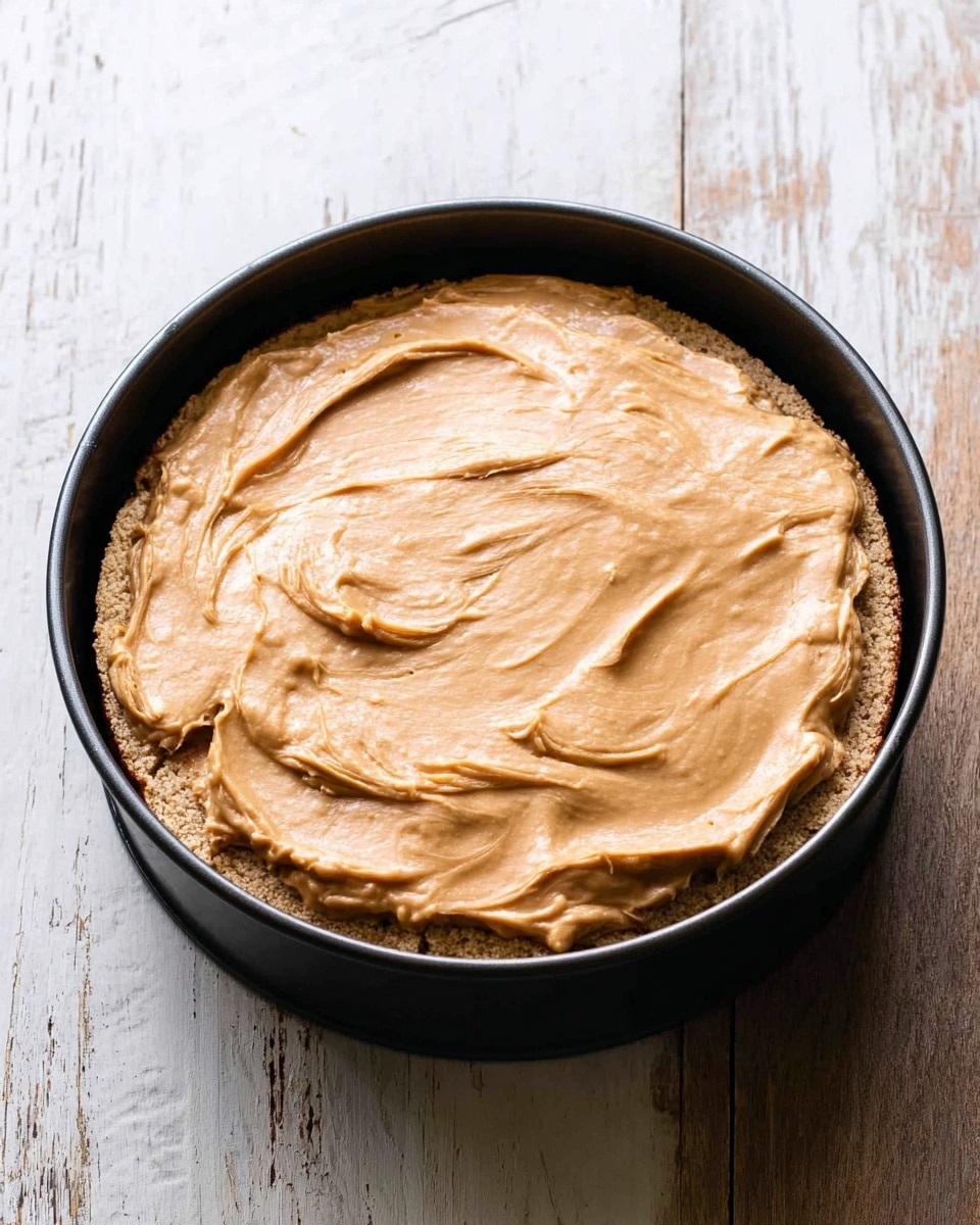 A round cake in a black springform pan sits on a wooden surface replaced with white marbled texture. The cake has two layers: the bottom layer is a light beige crumbly base, while the top layer is a thick, creamy peanut butter spread, smooth with soft swirls showing texture. The peanut butter layer covers the entire visible surface of the cake evenly. Photo taken with an iphone --ar 4:5 --v 7