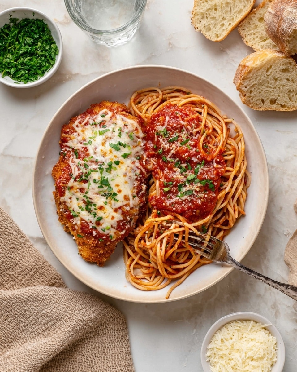 A white bowl filled with a layer of thick, red marinara sauce covering twisted spaghetti noodles. On top, there are pieces of chicken layered with melted cheese and sprinkled herbs, some chicken pieces show a white inside with green herb bits. A silver fork lifts a piece of chicken with spaghetti, mixing the layers. The bowl sits on a white marbled surface. photo taken with an iphone --ar 4:5 --v 7