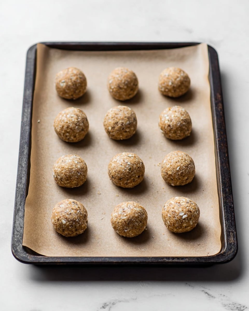 There is a dark baking tray lined with light brown baking paper on top of a white marbled surface. On the tray, there are twelve round, light brown cookie dough balls with a rough texture, evenly spaced in three rows of four. Each dough ball shows small bits of white and darker brown ingredients, giving a speckled look. Photo taken with an iphone --ar 4:5 --v 7
