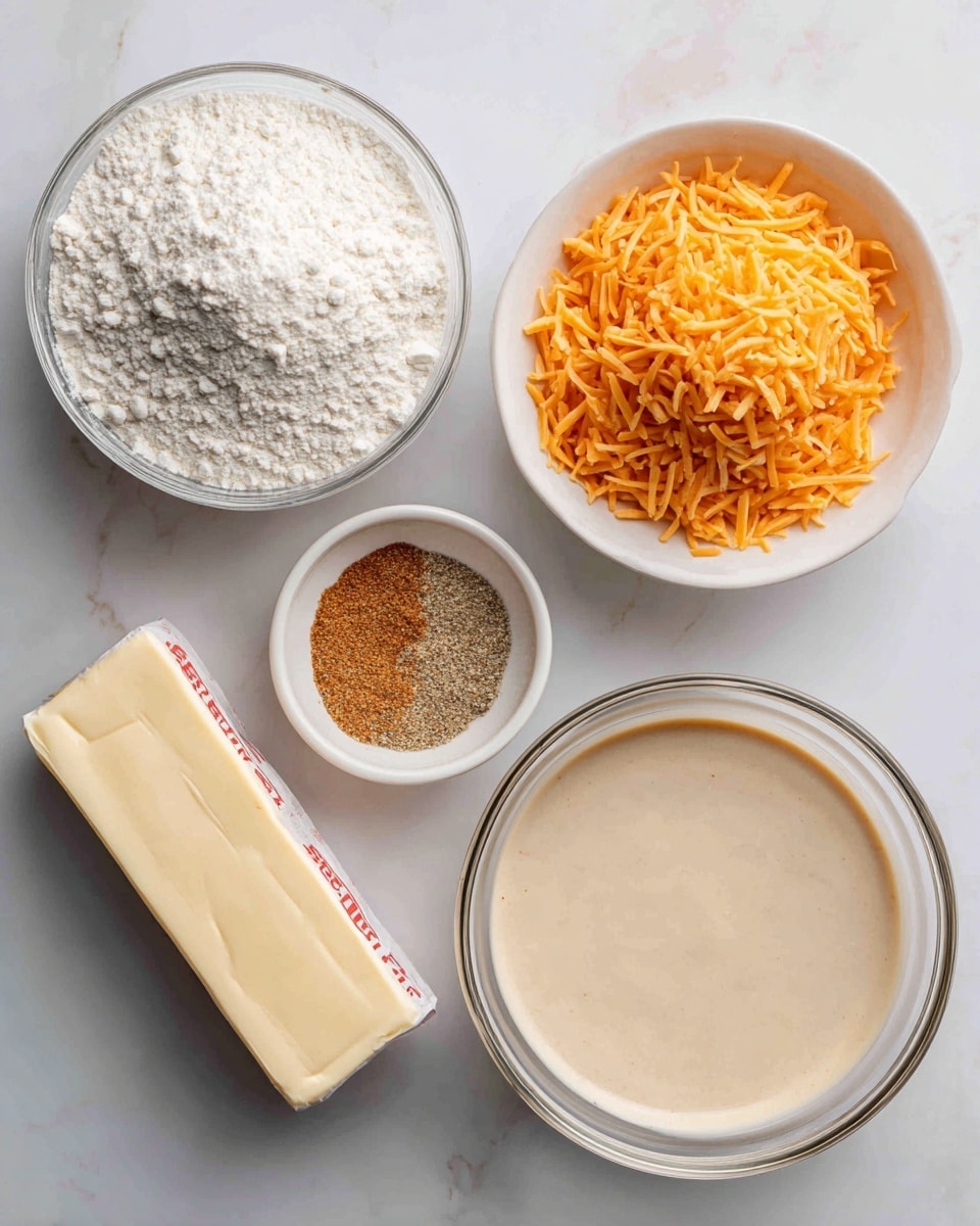 The image shows five baking ingredients neatly arranged on a white marbled surface with labels. At the top left, there is a clear glass bowl filled with white flour, and to its right, a white bowl full of bright orange shredded cheese. Below the flour bowl, there is a small white bowl containing mixed seasonings with a tan and light brown texture. Next to the seasonings, a rectangular stick of pale yellow butter with red measurement markings sits flat on the surface. On the right bottom corner, a large clear glass bowl holds a smooth, light beige batter labeled as discard. The arrangement is clean and simple, with all bowls and containers visible from above, and the photo taken with an iphone --ar 4:5 --v 7