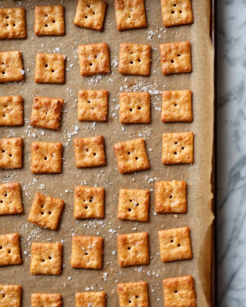 The image shows a baking sheet covered with light brown parchment paper, lined up with evenly spaced small square crackers in a neat grid. Each cracker is golden brown with a slightly rough texture and a small hole in the center. There are visible flakes of coarse salt scattered over the crackers and parchment. The background surface under the baking sheet is a white marbled texture photo taken with an iphone --ar 4:5 --v 7