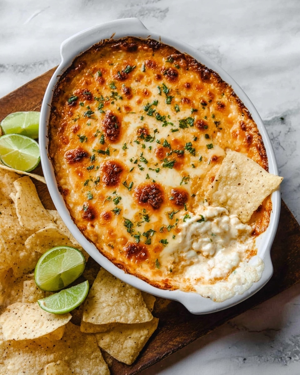 The image shows a white oval baking dish filled with a cheesy dip. The top layer is golden brown melted cheese with small browned spots and some green herb pieces scattered on top. The dip underneath the cheese has a creamy, light color texture. On the right side, a white tortilla chip scoops some of the dip, showing the creamy inside. Around the dish, there are more white tortilla chips and lime wedges placed on a wooden surface on top of a white marbled background. Photo taken with an iphone --ar 4:5 --v 7
