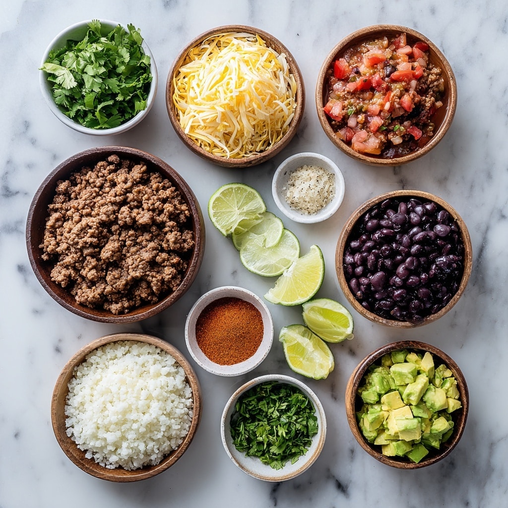 A white rectangular dish filled with a layered casserole showing melted golden-yellow cheese spread evenly on top. Beneath the cheese is a mix of small crumbled browned meat, black beans, and diced red tomatoes, all combined in a textured layer. Scattered on top are chunks of bright green avocado and small green herb leaves for garnish. The dish sits on a white marbled surface with some cilantro and lime slices nearby. Photo taken with an iphone --ar 4:5 --v 7