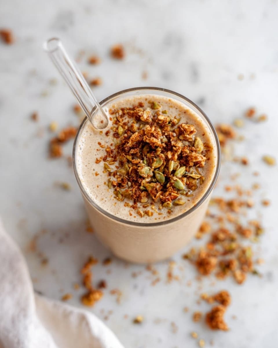 A clear glass filled with a creamy beige smoothie topped with a layer of crunchy granola mixed with nuts and seeds, showing various shades of brown and green. The granola layer sits evenly on top of the smooth surface of the drink. A clear straw is placed inside the glass on the left side. The glass rests on a white marbled surface with scattered bits of granola around it, and a soft white cloth is partially visible in the bottom left corner. photo taken with an iphone --ar 4:5 --v 7