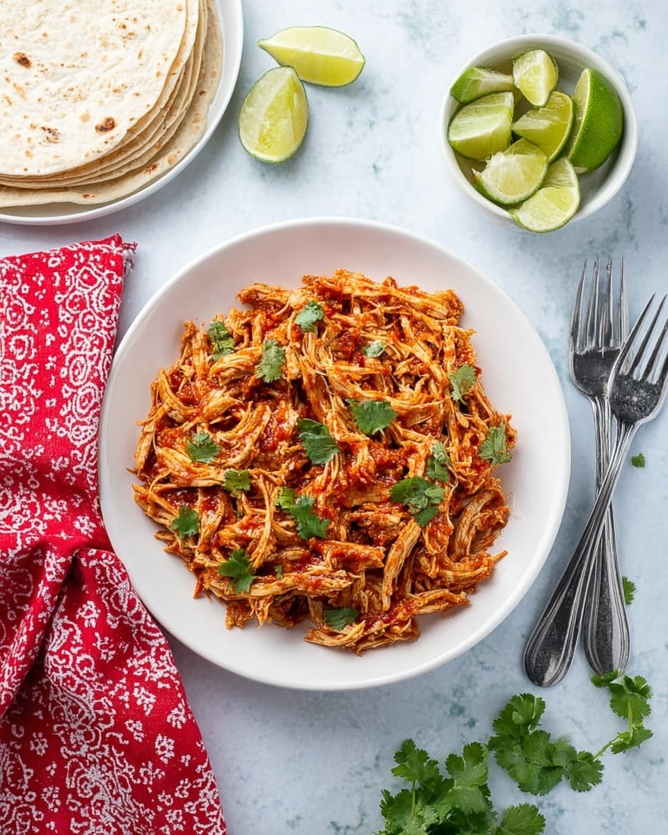 A white plate sits on a white marbled surface filled with shredded chicken mixed with red sauce and garnished with green cilantro leaves. To the upper right of the plate is a white bowl holding lime wedges and extra cilantro. To the left of the plate, there is a stacked pile of white tortillas. Two silver forks rest to the right of the plate next to a red and white patterned cloth napkin. Additional lime wedges and cilantro leaves are scattered on the surface near the plate. The photo taken with an iphone --ar 4:5 --v 7