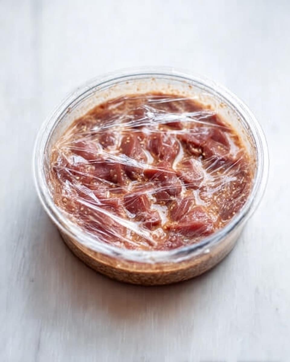 A clear round bowl filled with brown raw meat slices soaked in a light brown liquid marinade. The surface of the bowl is covered with transparent plastic wrap. The bowl sits on a white marbled surface, visible in soft natural light. Photo taken with an iphone --ar 4:5 --v 7