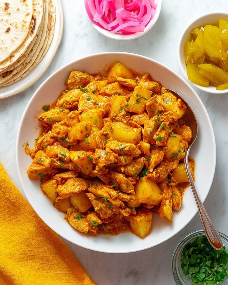 A white bowl filled with a mixture of seasoned, cooked chicken pieces and chunks of yellow pineapple, all coated in a rich orange sauce with small green herb bits scattered throughout. The chicken looks tender and layered unevenly with the pineapple chunks, giving a textured and colorful appearance. A silver spoon rests inside the bowl on the right side. Around the bowl, on a white marbled surface, there is a stack of soft tortillas on the left, a small white bowl with pink pickled onions above, and another small white bowl with yellow pickled vegetables on the right. Below the bowl, a small glass bowl with chopped green herbs sits next to a folded yellow cloth napkin. The photo taken with an iphone --ar 4:5 --v 7