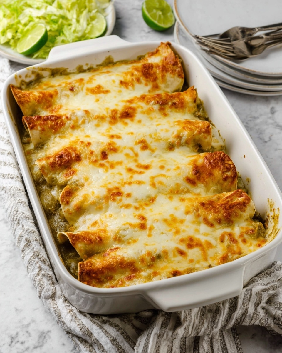 A white ceramic baking dish holds four rolled enchiladas covered with melted cheese that is golden brown and bubbly on top. The enchiladas are filled with a green sauce visible around the edges and underneath the cheese. The dish is placed on a white marbled textured surface, with a striped cloth towel peeking out from under the bottom edge of the dish. In the background, a small plate with shredded light green lettuce and lime wedges can be seen, along with a few silver forks and plates stacked to the side. Photo taken with an iphone --ar 4:5 --v 7