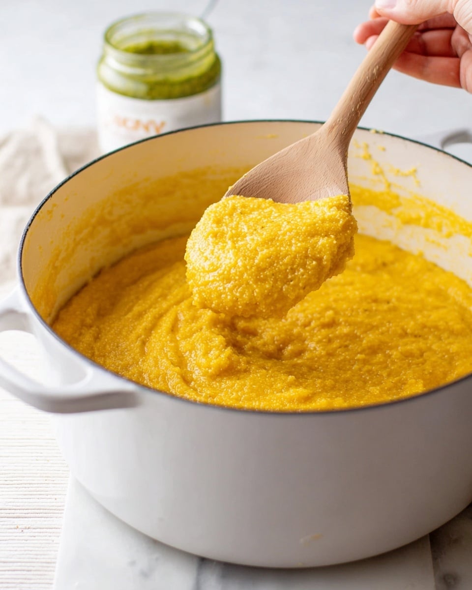 A white pot filled with thick yellow-orange polenta, showing a grainy and creamy texture inside. A wooden spoon is lifting a scoop of the polenta, held by a woman's hand from the right edge of the image. The pot is placed on a white marbled surface, with a partially visible jar of green pesto sauce in the background. The inside rim of the pot shows some splashes of the cooked polenta. photo taken with an iphone --ar 4:5 --v 7