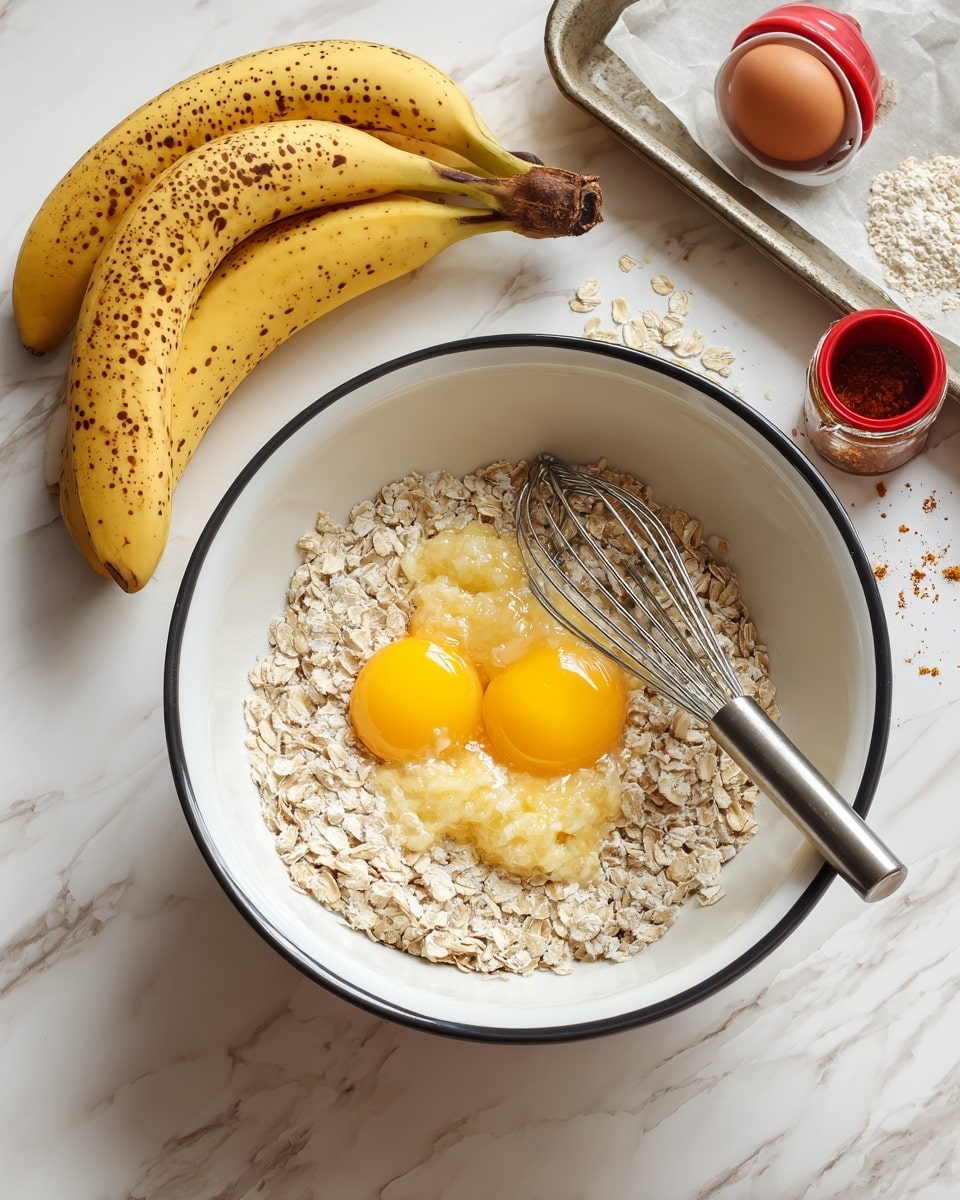 A white bowl with a black rim filled with dry oats forming the bottom layer, with two uncooked bright yellow egg yolks and mashed bananas sitting on top in the center. A metal whisk leans into the bowl from the top left, partially embedded in the oats and eggs. Behind the bowl, on a white marbled surface, there are two ripe bananas with spotted yellow skins, a red spice jar, and a baking pan with parchment paper folded over its edge. The scene is softly lit, showing textures clearly. Photo taken with an iphone --ar 4:5 --v 7