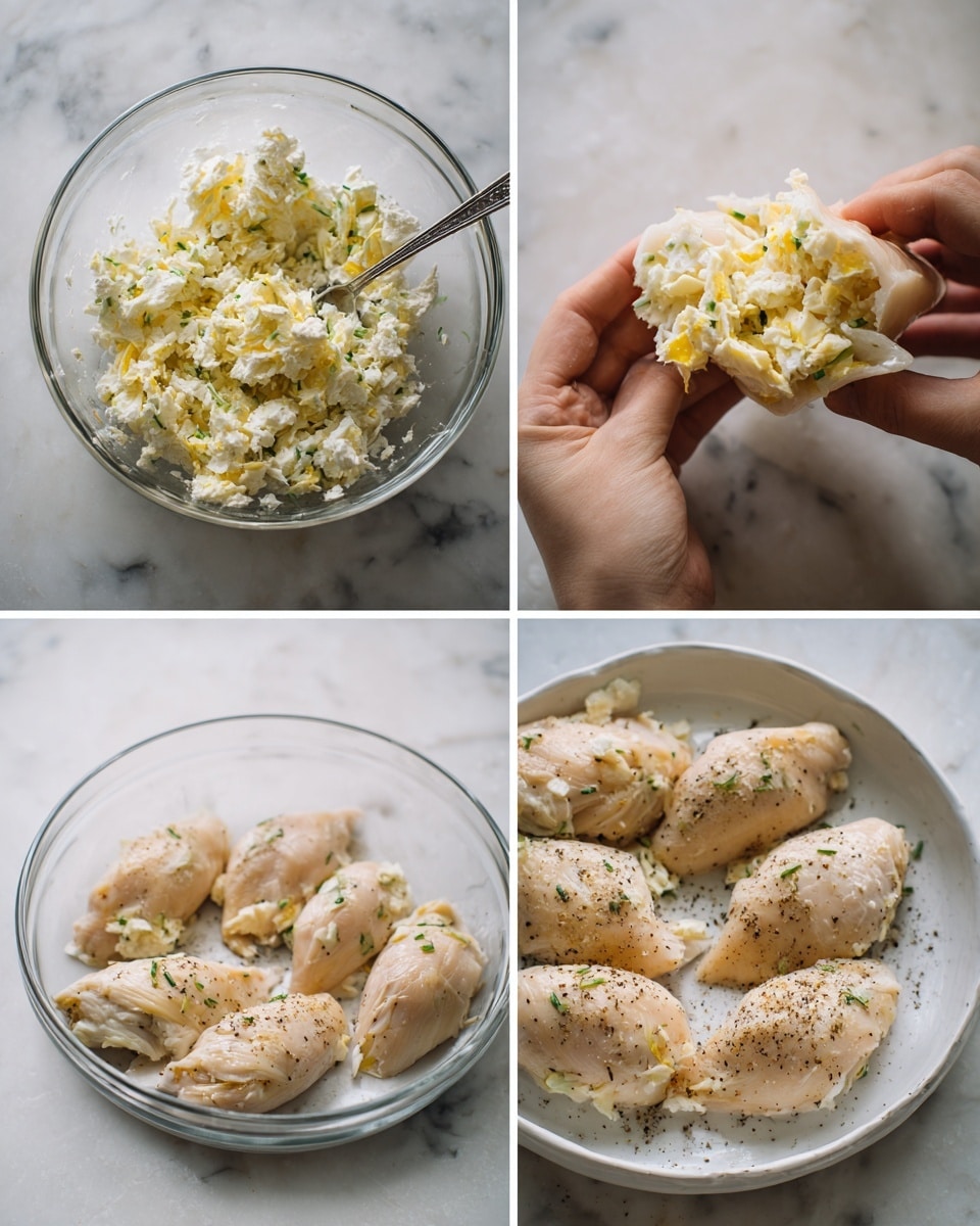 A collage of four close-up images shows the steps of making a stuffed chicken dish on a white marbled surface. The first image shows a clear glass bowl filled with a white and yellow crumbly filling mixed with small green bits, with a metal spoon inside. The second image shows a woman's hand holding a raw chicken piece folded open with the white and yellow filling placed inside the center. The third image shows the chicken piece folded and closed with the filling inside, placed on the white marbled surface, seasoned with black pepper on top. The fourth image is a close-up of the stuffed raw chicken pieces arranged closely together, showing the texture of the filling peeking from the center. photo taken with an iphone --ar 4:5 --v 7