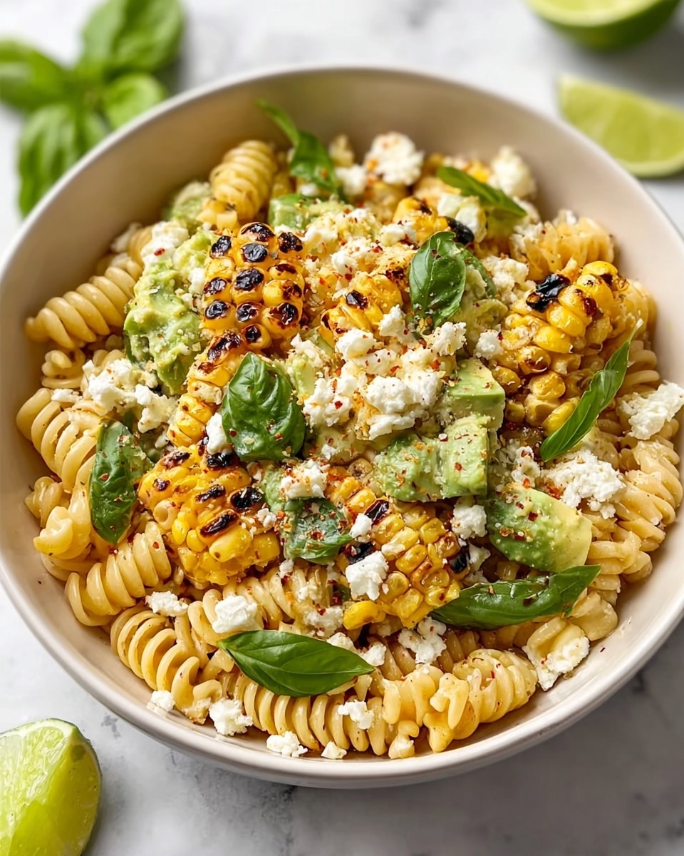 The image shows a close-up of a white bowl filled with rotini pasta that is light cream in color. Scattered throughout the pasta are bright yellow grilled corn pieces with dark brown char marks. There are also small, bright green peas and some slices of pale green avocado placed among the pasta. White crumbly cheese dots the dish, adding a soft texture. Several fresh, vibrant green basil leaves are placed on top, adding a pop of color and freshness. The overall look is fresh and colorful with a mix of smooth and textured layers. The background surface is white marble. photo taken with an iphone --ar 4:5 --v 7