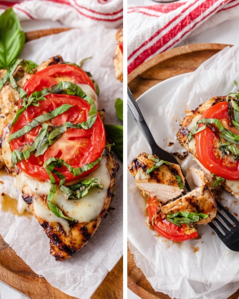 The image shows two pieces of grilled chicken on white parchment paper over a round wooden board, each piece topped with melted white cheese, green basil leaves, and thick red tomato slices arranged in layers from bottom to top, giving a fresh and juicy look. The chicken has a slightly charred brown surface with visible grill marks. Next to the board, a white plate with a white marbled surface holds a bite of the chicken topped with tomato, cheese, and basil, pierced by a black fork with a woman’s hand holding it. A red and white striped cloth is partially visible on the white marbled background. photo taken with an iphone --ar 4:5 --v 7