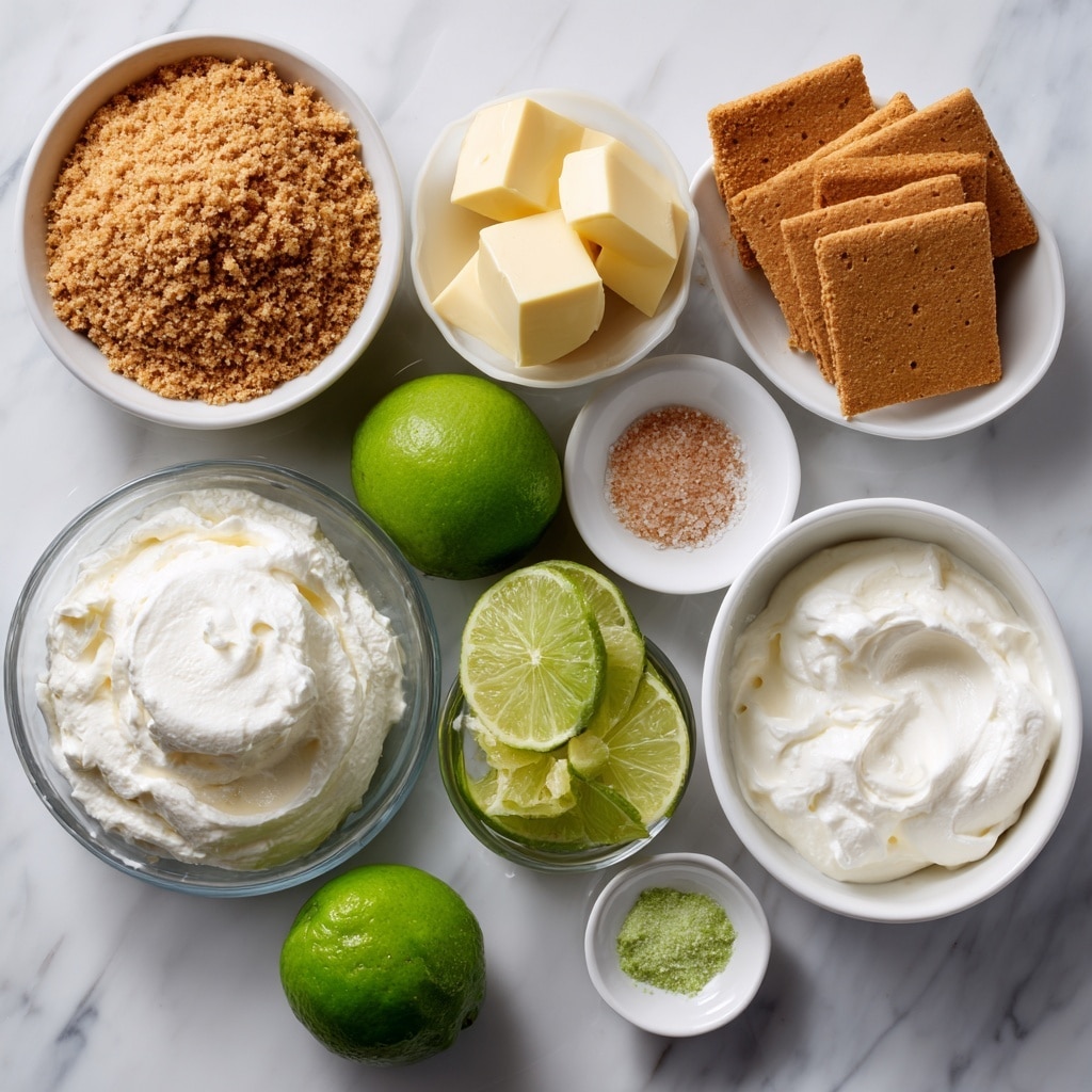 The image shows three small dome-shaped desserts placed in a row on a white plate. Each dessert has three layers: a crumbly golden brown base, a smooth creamy white middle layer shaped like a dome with subtle ridges, and a swirl of soft white cream on top. A small green lime wedge is set gently on the cream layer of each dessert. The plate rests on a white marbled surface with several whole and cut limes in the background, adding a fresh, vibrant touch. photo taken with an iphone --ar 4:5 --v 7