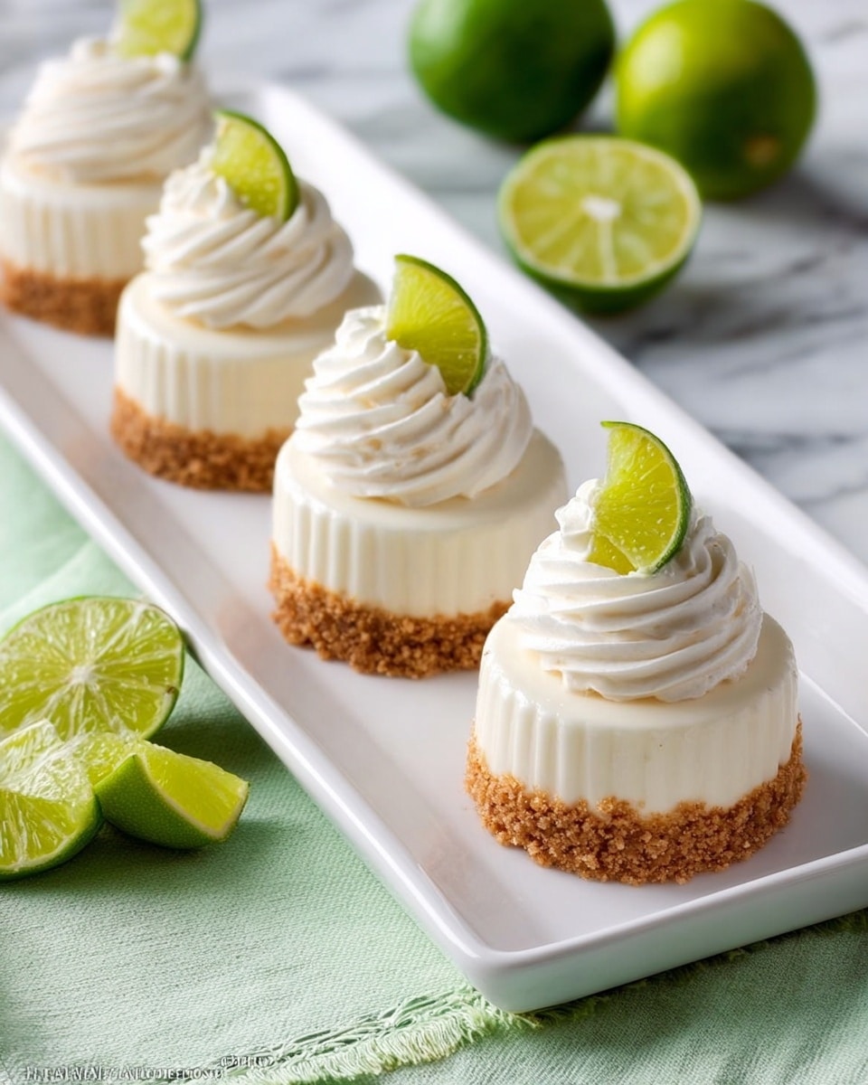The image shows four small round desserts arranged in a row on a long white plate. Each dessert has three layers: a crumbly light brown base, a smooth creamy white middle layer shaped like an upside-down ridged cup, and a swirl of white cream on top. A small wedge of bright green lime is placed at the peak of each cream swirl. The plate is set on a white marbled surface with a light green cloth underneath it. On the side of the plate, there are whole and halved bright green limes, adding fresh color to the scene. photo taken with an iphone --ar 4:5 --v 7