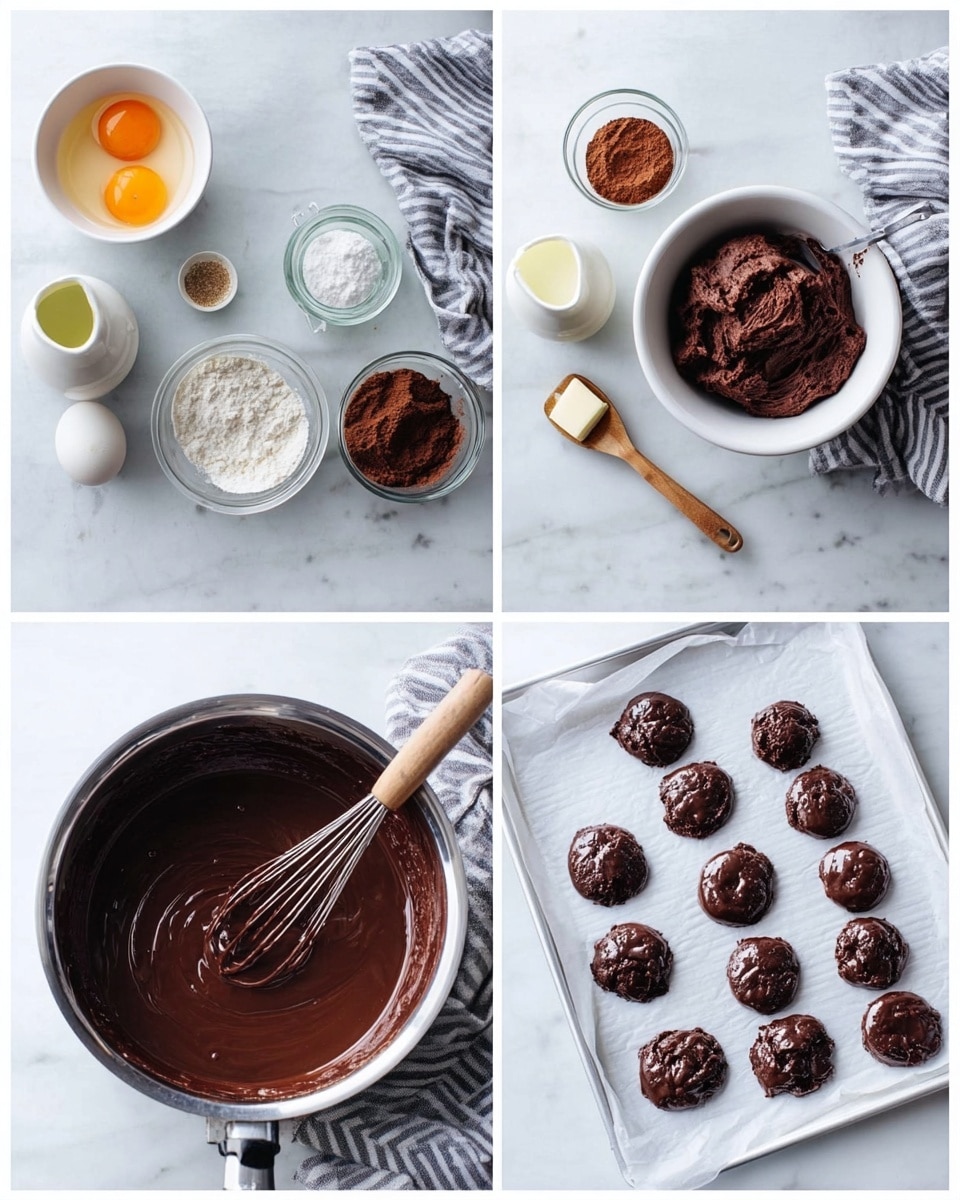 The image shows six stages of making chocolate cookies, all placed on a white marbled surface. In the top left, raw ingredients include two eggs in a small white bowl, a small white jug of oil, a small bowl of cocoa powder, a small bowl of white powder, a glass bowl with brown powder, and a small glass of milk, with a striped cloth nearby. The top right shows a large white bowl with mixed dark chocolate dough and a spoon inside. Below that, there are five scoops of the dark chocolate dough on a white paper-lined surface, with a wooden spoon above. The middle right panel shows a pan with melted butter, with a stick of butter slowly melting inside, next to the striped cloth and a cup of cocoa powder. The bottom left features a saucepan with thick, smooth melted chocolate being whisked with a whisk having a light wooden handle. Lastly, the bottom right displays a white paper-lined tray with twelve round cookies coated or topped with shiny chocolate, ready to set. Photo taken with an iphone --ar 4:5 --v 7