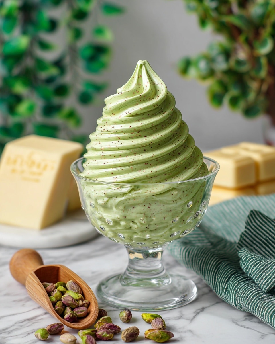 A clear glass cup with small round bumps on the surface is filled with a thick, light green creamy swirl that is speckled with tiny brown bits, shaped into six smooth, even layers stacked on top of each other, tapering to a peak at the top. The cup stands on a short stem set on a white marbled surface with some scattered pistachio nuts in front, a wooden scoop with more pistachios to the left, and a folded green and white striped cloth to the right. In the background, there are pale yellow butter blocks and a green leafy plant blurred out. Photo taken with an iphone --ar 4:5 --v 7