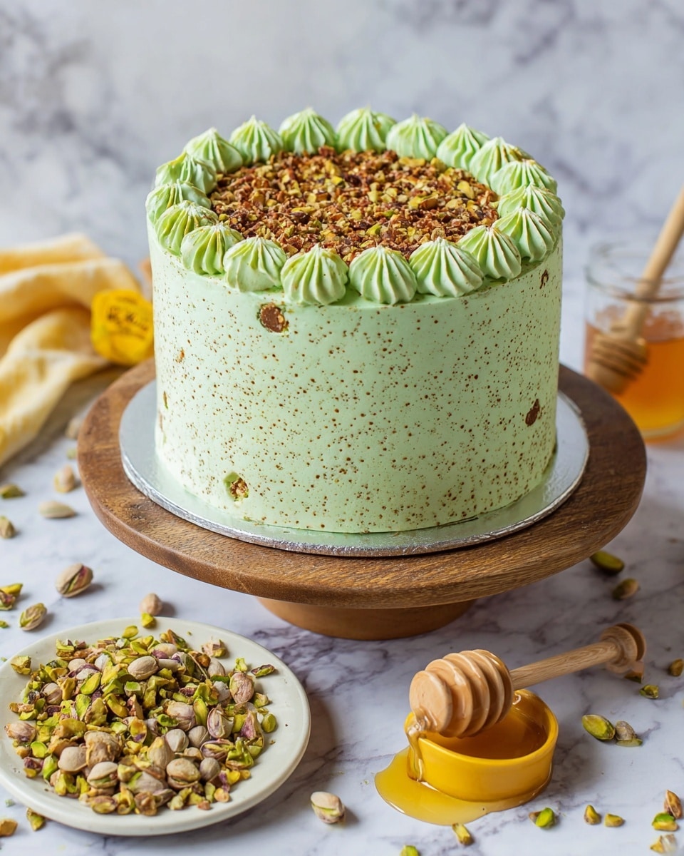 A tall round cake covered in smooth light green frosting with small brown specks all over the sides, topped with a ring of evenly spaced piped green frosting swirls around the edge, and the center filled with a layer of crushed nuts in mixed brown and green tones. The cake sits on a wooden cake stand with a metal base, placed on a white marbled surface. Around the cake stand, there is a white plate with a wooden scoop full of whole pistachios, some scattered pistachios and crushed bits, and a small yellow honey pot with a wooden honey dipper lying next to it, with honey drizzled on the surface. Photo taken with an iphone --ar 4:5 --v 7