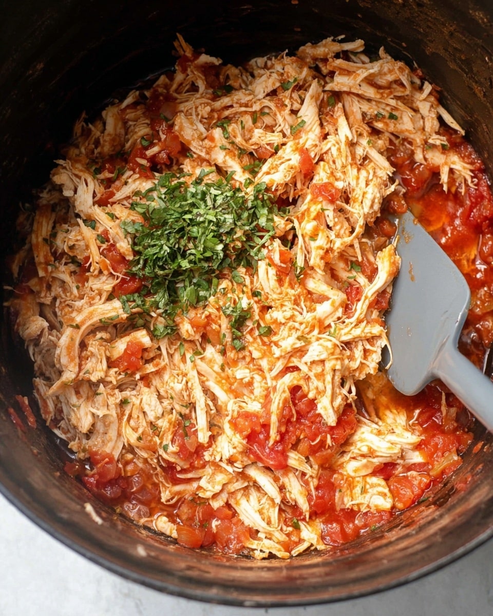 The image shows shredded chicken mixed with red tomato pieces and sauce inside a black pot. The chicken is cooked and tender, with a moist texture and visible strands. On top, there is a small pile of finely chopped green herbs adding color contrast. A gray spatula is partially under the chicken mix on the right side, with the sauce slightly pooled around it. The background is a white marbled texture photo taken with an iphone --ar 4:5 --v 7