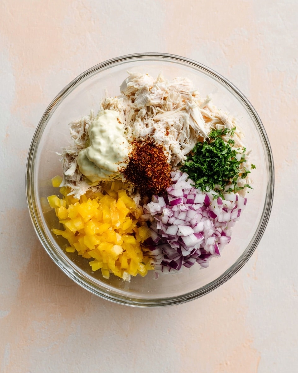A clear glass bowl sits on a white marbled surface filled with six distinct layers of ingredients. The left layer is bright yellow chopped bell peppers, next to finely chopped purple onions at the bottom right. Above the onions and peppers are shredded white chicken pieces. Near the top left, there is a dollop of thick white mayo. In the middle on top of the chicken, there is a small mound of red-brown seasoning, and to its right are finely chopped green herbs. The ingredients are placed separately but close together in the bowl. photo taken with an iphone --ar 4:5 --v 7