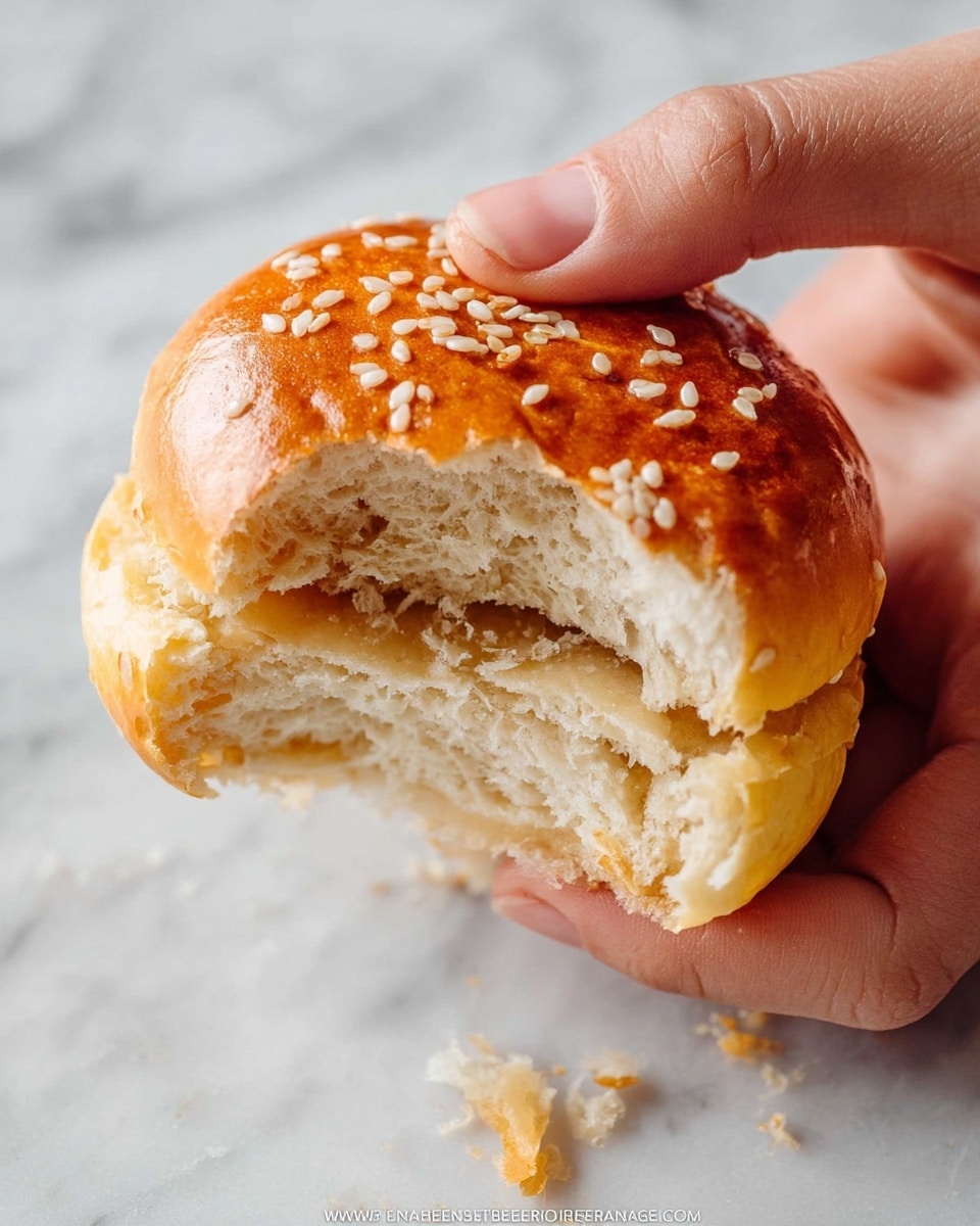 A close-up image showing a woman’s hand holding a round sesame seed bun that is being pulled apart to reveal a soft, fluffy inside with a light beige color. The bun’s outer layer is golden brown with a shiny texture and small sesame seeds scattered on top. The inside looks layered and airy with a slightly moist appearance. The background features a white marbled surface. Photo taken with an iphone --ar 4:5 --v 7