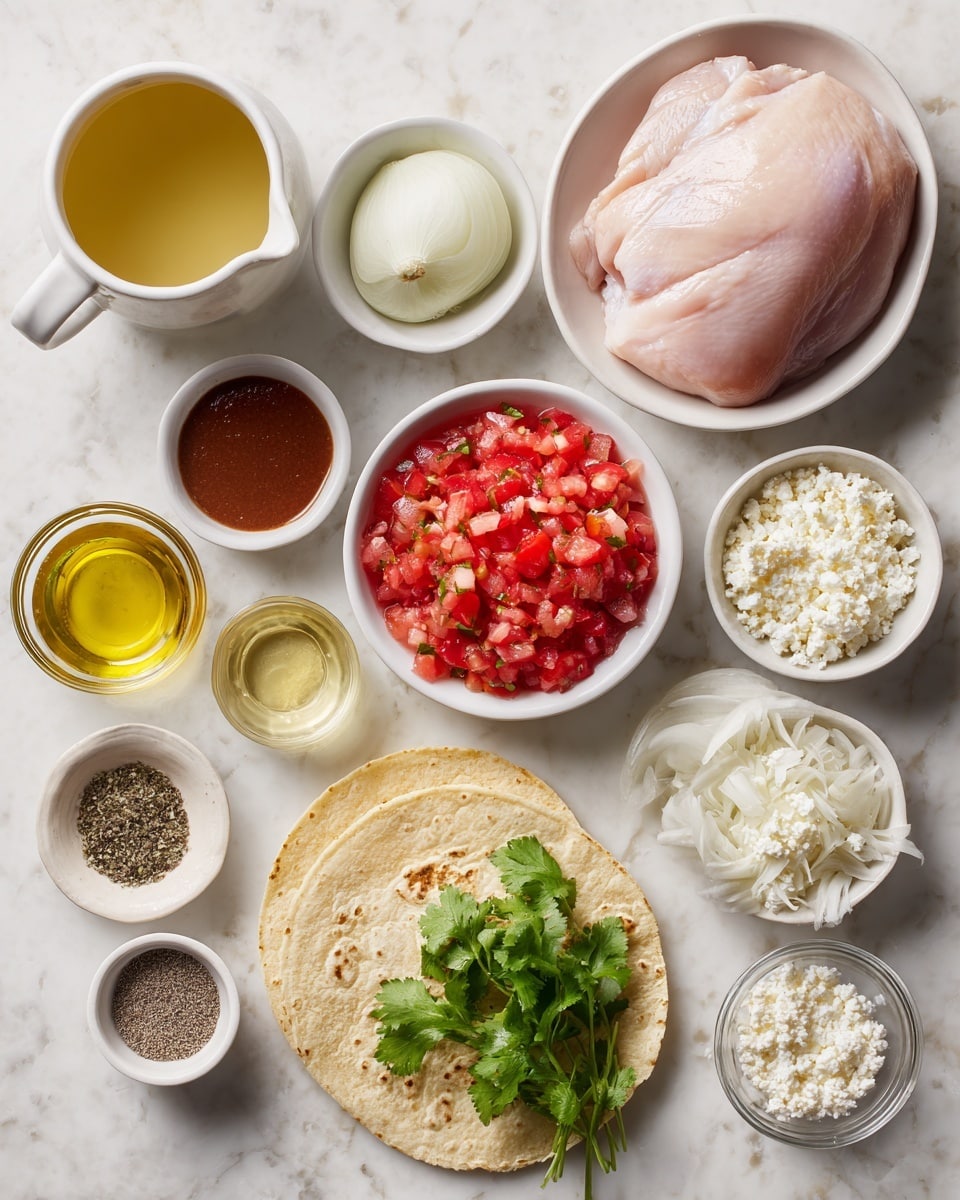 The image shows a white marble surface with several small white bowls and dishes arranged in a neat layout. At the bottom center, there are two light yellow tortillas with fresh green cilantro leaves on top. Above them to the right, a white dish holds a large piece of raw pink chicken. To its left, a white jug contains yellow chicken broth. Above the chicken, a bowl holds bright red diced tomatoes in a red sauce. To its left, a small bowl has dark brown chipotle sauce. Nearby, another bowl contains sliced white onion. A small glass holds golden oil, while a tiny bowl contains minced garlic with a pale beige color. A small rough-textured dish contains white cotija cheese with some texture. At the bottom right, a small clear bowl holds a mix of white salt and black pepper. The ingredients are neatly spaced and well-lit, showing a clean and fresh presentation. photo taken with an iphone --ar 4:5 --v 7