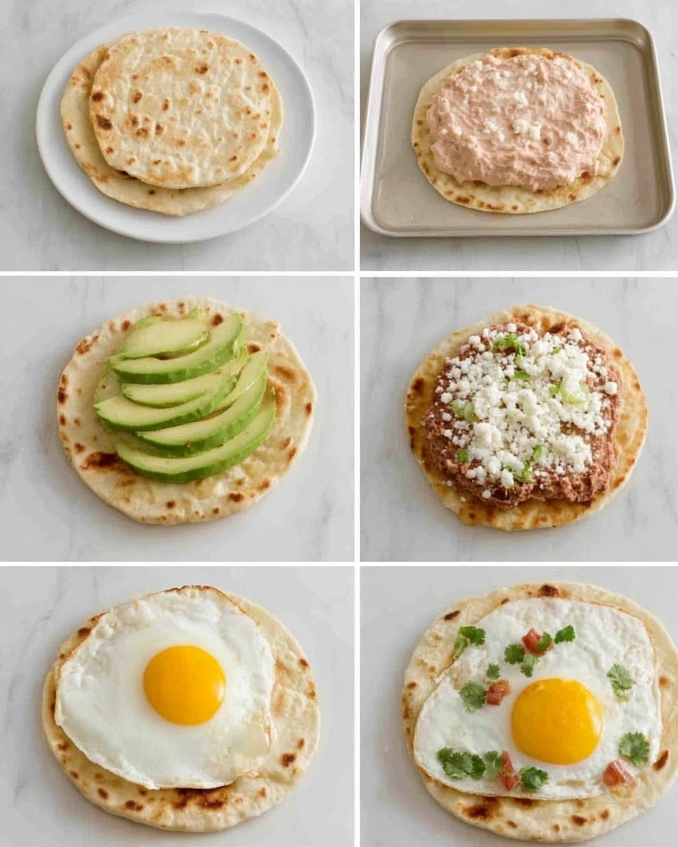 The image shows six steps of making a tasty layered dish on a white plate with a white marbled background. The first panel shows round, light beige flatbreads with a crispy texture. The second panel has one flatbread on a tray topped with a pinkish spread, smooth and creamy. The third panel shows the spread-covered flatbread now placed on a white plate, sprinkled with white crumbles on top. In the fourth panel, slices of green avocado are added on top of the crumbles. The fifth panel adds a fried egg with a bright yellow yolk and white edges, placed nicely on the avocado. The last panel shows the fried egg garnished with small green herb pieces and small red bits, completing the colorful layers. photo taken with an iphone --ar 4:5 --v 7