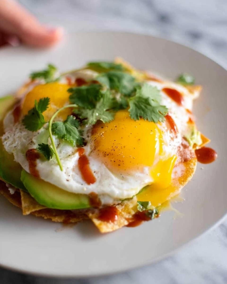 The image shows a stacked dish on a white plate placed on a white marbled surface. At the bottom layer, there are crispy, golden tortilla chips topped with light brown beans. Over the beans, slices of green avocado add a creamy texture. Next, two sunny-side-up eggs with bright yellow, runny yolks and smooth white edges cover the avocado. Red sauce is drizzled around the eggs, adding strong splashes of color. Fresh green cilantro leaves are scattered over the entire dish, adding a fresh and bright touch. The photo is taken with a woman's hand gently holding the edge of the plate in the background. photo taken with an iphone --ar 4:5 --v 7