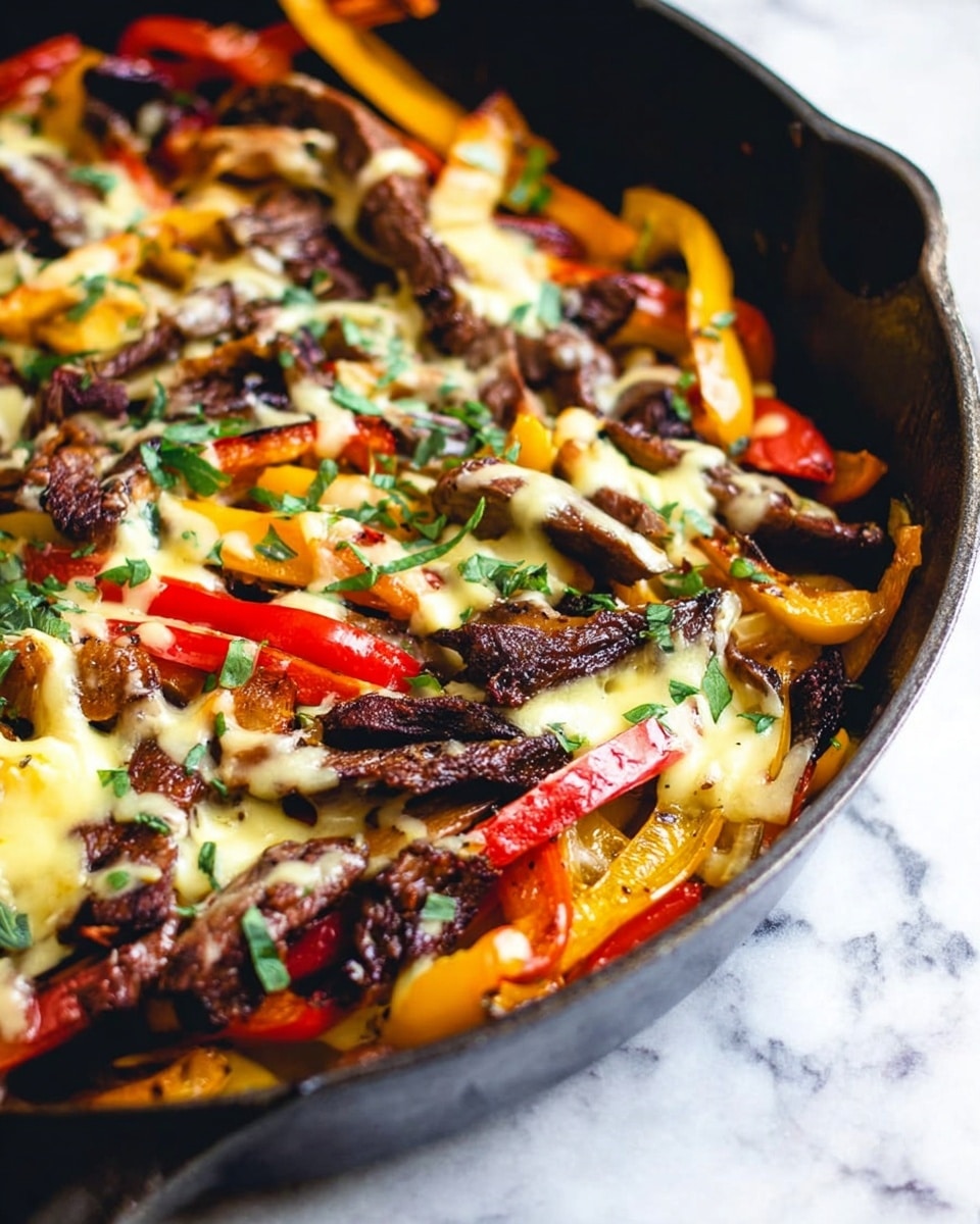 A close-up view of a black skillet filled with a colorful mix of cooked layered ingredients. The bottom layer shows thick strips of cooked red, yellow, and orange bell peppers. On top of that, there are dark brown strips of grilled meat scattered unevenly. A melted layer of creamy light yellow cheese covers parts of the meat and peppers, with some fresh green herbs sprinkled on top for contrast. The skillet rests on a white marbled surface. Photo taken with an iphone --ar 4:5 --v 7