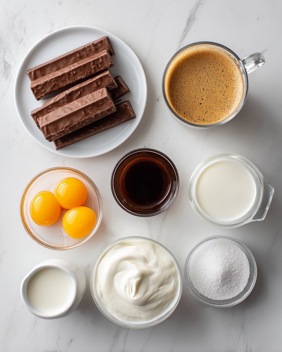 A top-down view shows seven ingredients arranged on a white marbled surface. At the top left, a white plate holds six rectangular chocolate toffee bars with a textured surface. To the right, there is a clear glass cup filled with dark strong coffee with a light foam on top. Below the coffee, a small clear glass cup contains dark brown vanilla liquid. Below that and to the right, a slightly larger clear glass cup holds heavy cream, which is thick and white. To the left of the cream, another clear glass cup contains whole milk with a smooth white color. Below the milk, a small white bowl holds four bright orange egg yolks, separated from the whites. To the right of the yolks, a small white bowl is filled with fine white sugar, looking smooth and even. The layout is neat and evenly spaced. photo taken with an iphone --ar 4:5 --v 7