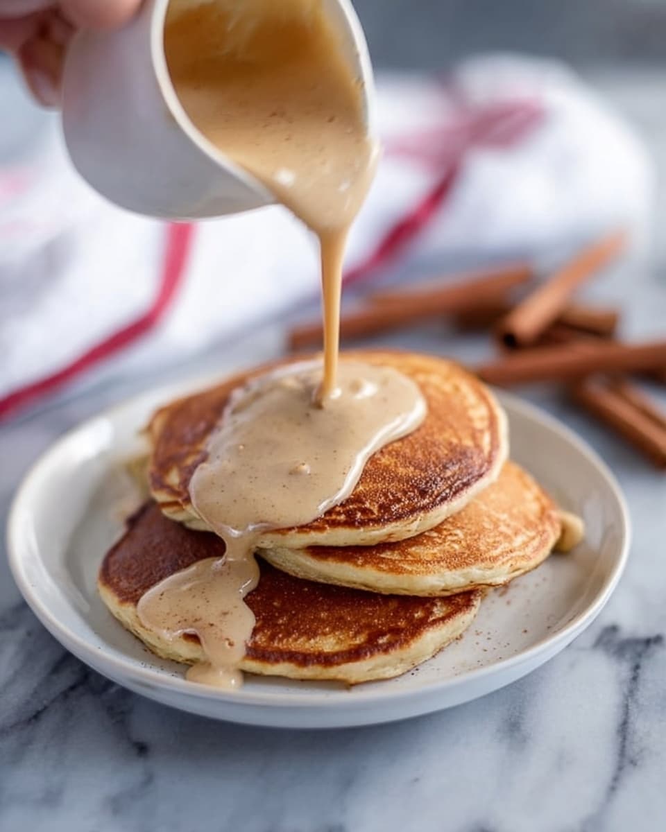 Four golden brown pancakes sit stacked slightly overlapping on a white plate. A woman's hand pours thick, creamy light brown sauce over the middle pancake, the sauce flowing down its sides. The plate rests on a white marbled surface, with cinnamon sticks and a white cloth with red stripes blurred softly in the background. Photo taken with an iphone --ar 4:5 --v 7