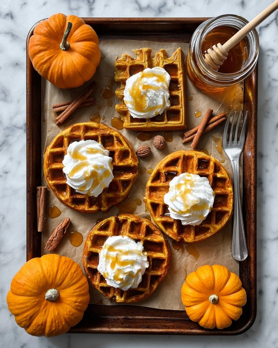 The image shows three golden-brown waffles on a dark baking sheet lined with parchment paper. Each waffle has a dollop of white whipped cream on top, drizzled with light amber syrup. Around the waffles are three small bright orange pumpkins, whole cinnamon sticks, and some nutmeg for decoration. A woman's hand holds a metal fork resting on the baking sheet near the top right. On the top right corner, there is a clear glass jar with syrup and a spoon inside. The background is a white marbled surface. Photo taken with an iphone --ar 4:5 --v 7