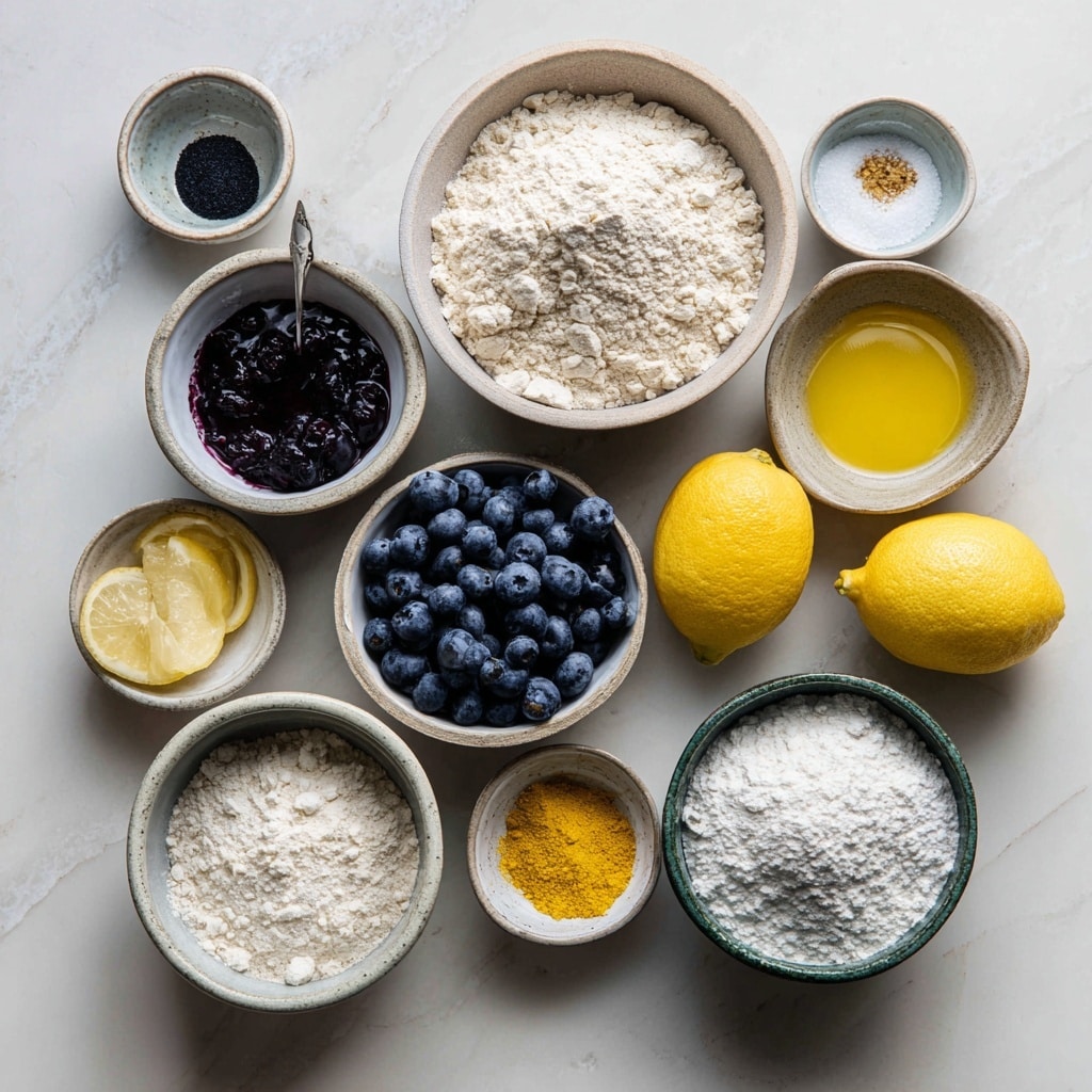 The image shows ingredients for a recipe arranged neatly on a white marbled surface. There is a clear container filled with small, round blueberries in the top left corner. Next to the blueberries are two bright yellow lemons. On the top right is a white bowl filled with strong bread flour, showing a powdery white texture. Below the lemons and flour, there is a small jar of active sourdough starter with a creamy, smooth texture visible inside. Next to this jar are three small white bowls placed side by side, one containing coarse white salt, another with fine white sugar, and the last filled with clear water. Each ingredient is clearly labeled with simple text. Photo taken with an iphone --ar 4:5 --v 7