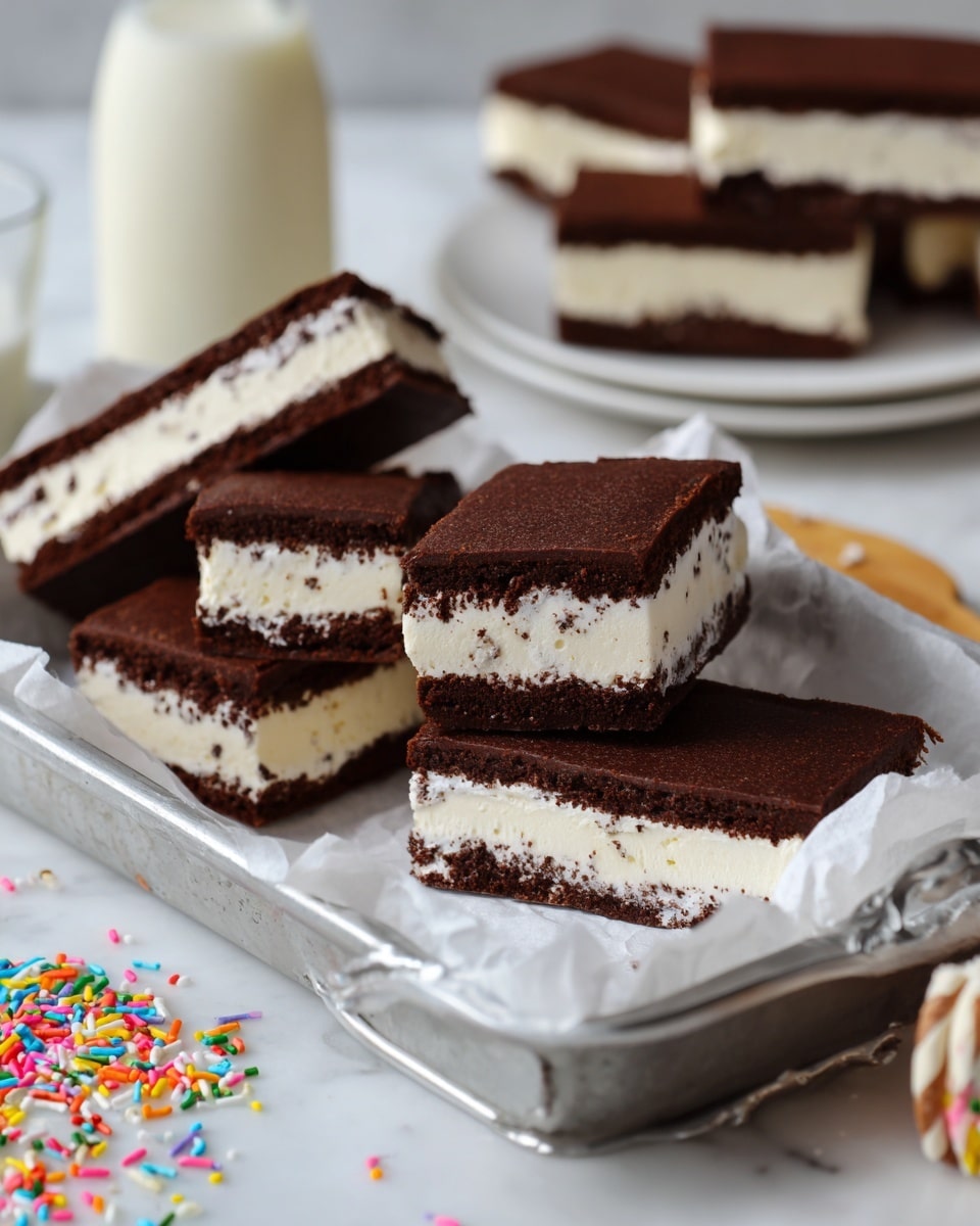 The image shows several rectangular ice cream sandwiches arranged on a white cloth inside a silver tray, placed on a white marbled surface. Each sandwich has three clear layers: the top and bottom layers are dark brown chocolate cookie with a smooth, slightly crumbly texture, and the middle layer is thick, white ice cream with a smooth texture. In the background, a glass bottle of milk and a white plate holding more sandwiches can be seen softly out of focus. Colorful sprinkles lie scattered near the tray, adding a playful touch. photo taken with an iphone --ar 4:5 --v 7